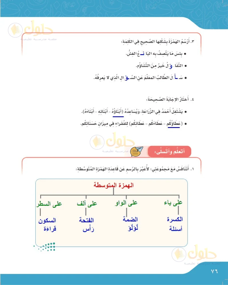 حل لغتي الجميلة للصف السادس الابتدائي صفحة 76: رسم الهمزة في الكلمات