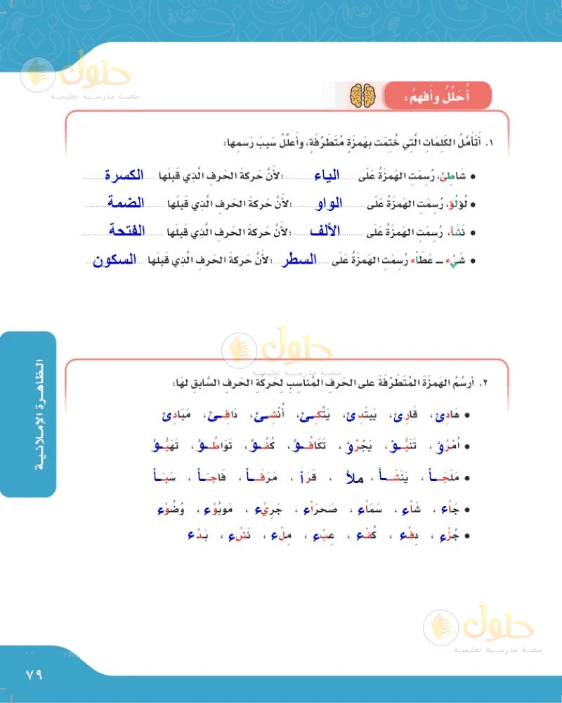 حل لغتي الجميلة للصف السادس الابتدائي صفحة 79: تعليل رسم الهمزة المتطرفة