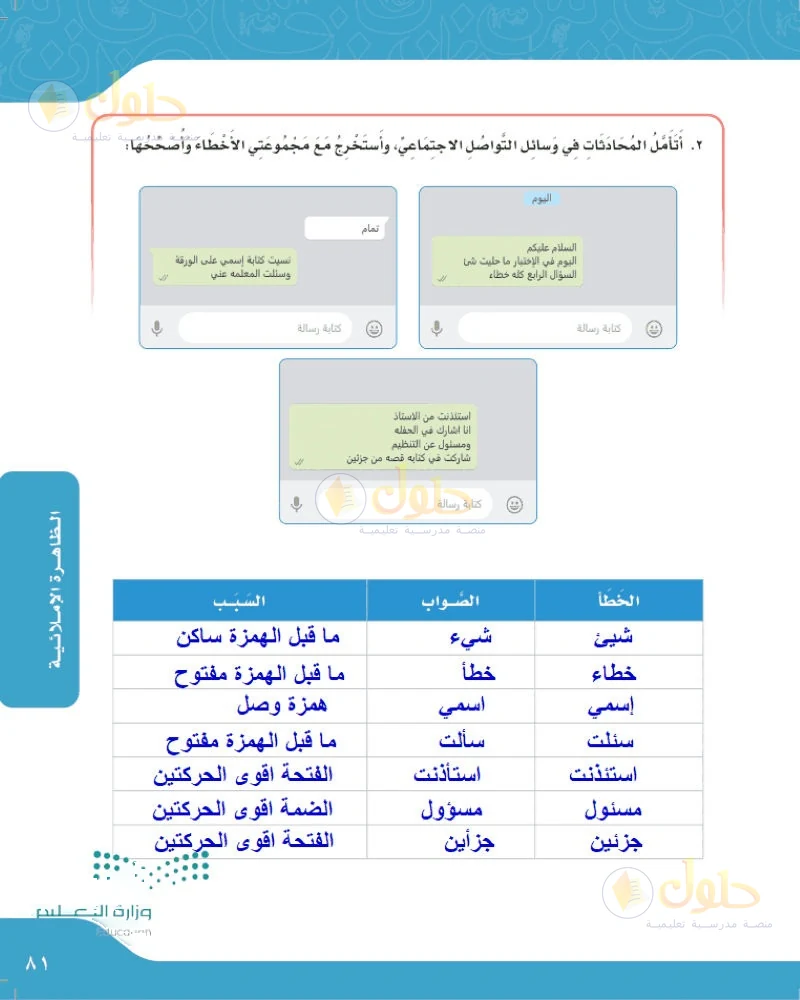 حل لغتي الجميلة للصف السادس الابتدائي صفحة 81: أتأمل المحادثات وأستخرج الأخطاء وأصححها