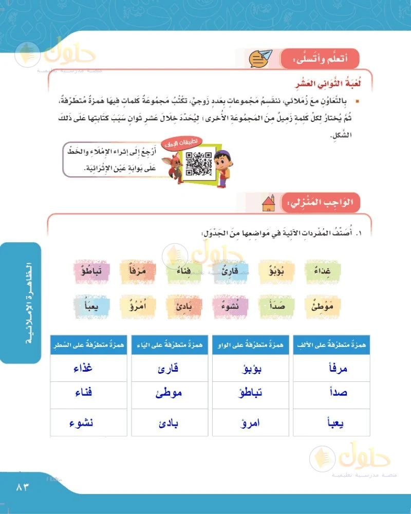حل لغتي الجميلة للصف السادس الابتدائي صفحة 83: أصنف المفردات في مواضعها من الجدول