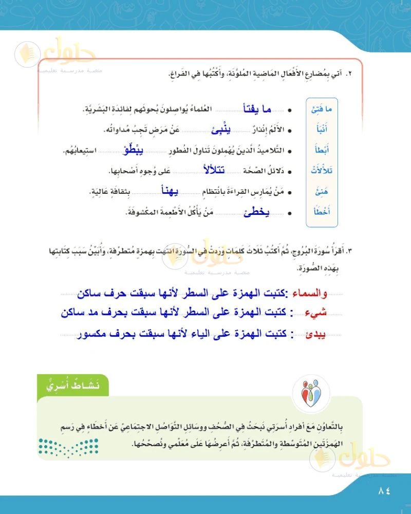 حل لغتي الجميلة للصف السادس الابتدائي صفحة 84: مضارع الأفعال الملونة