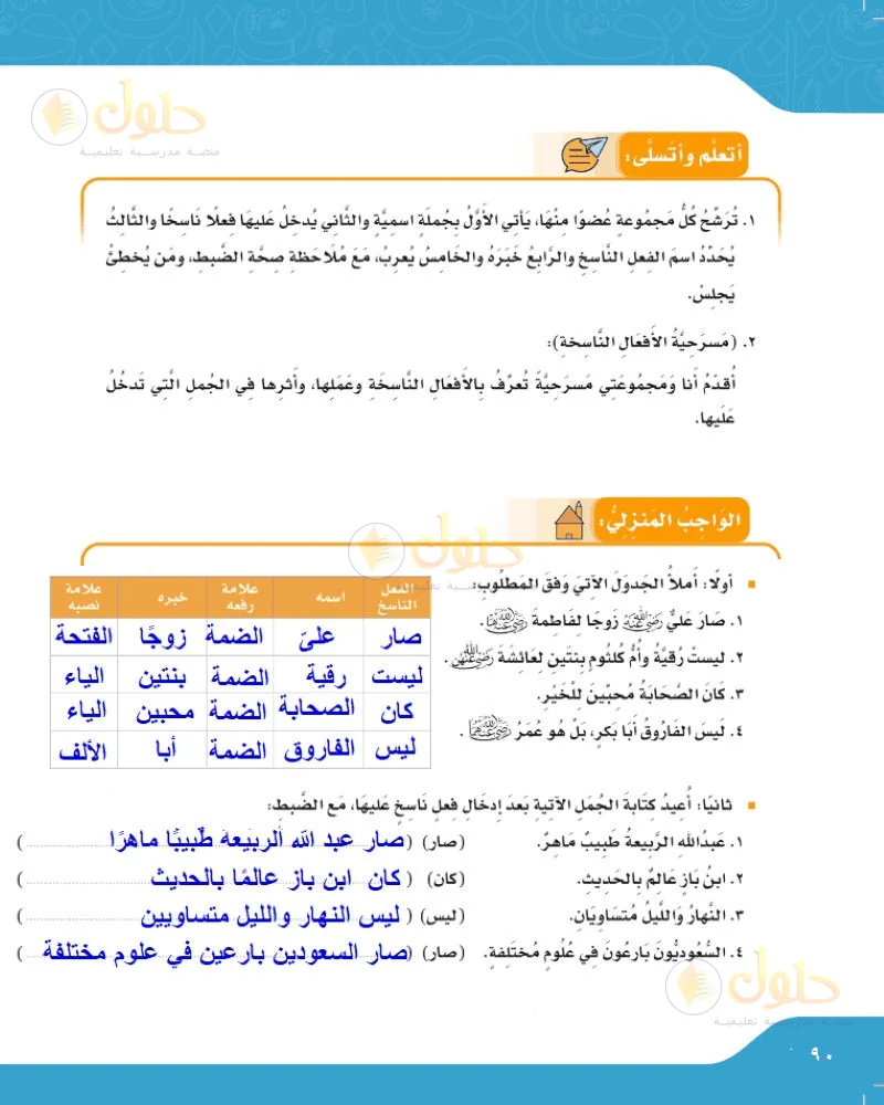 حل لغتي الجميلة للصف السادس الابتدائي صفحة 90: جدول الواجب المنزلي