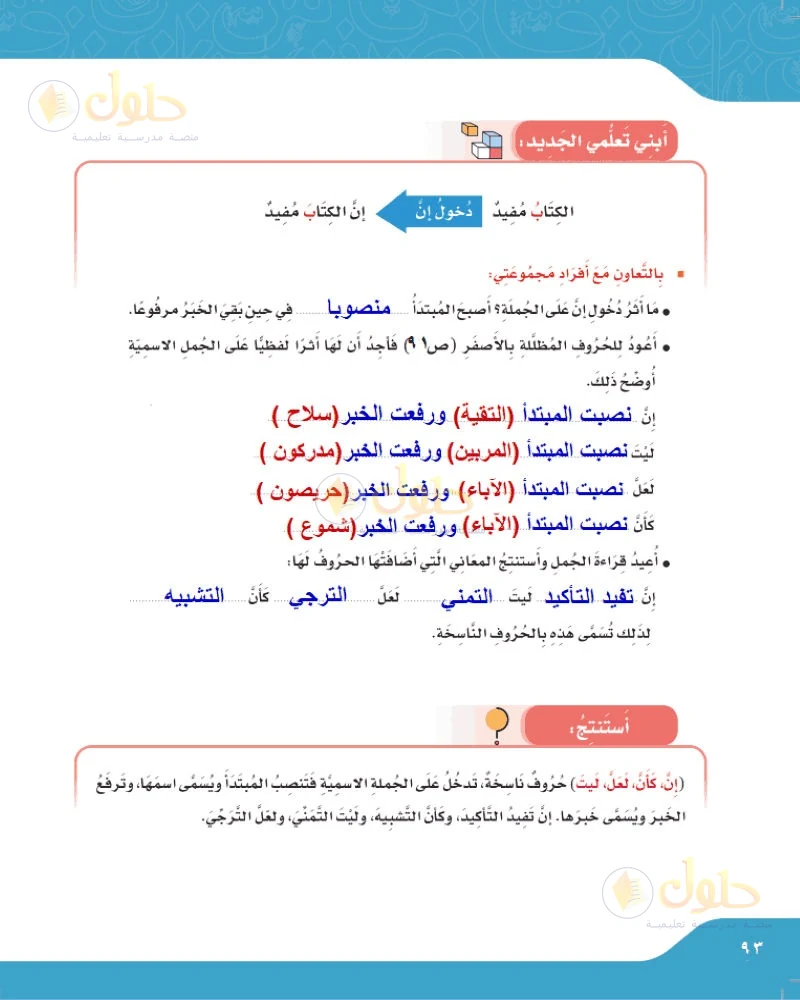 حل لغتي الجميلة للصف السادس الابتدائي صفحة 93: أثر دخول إن ومعاني إن وليت ولعل وكأن