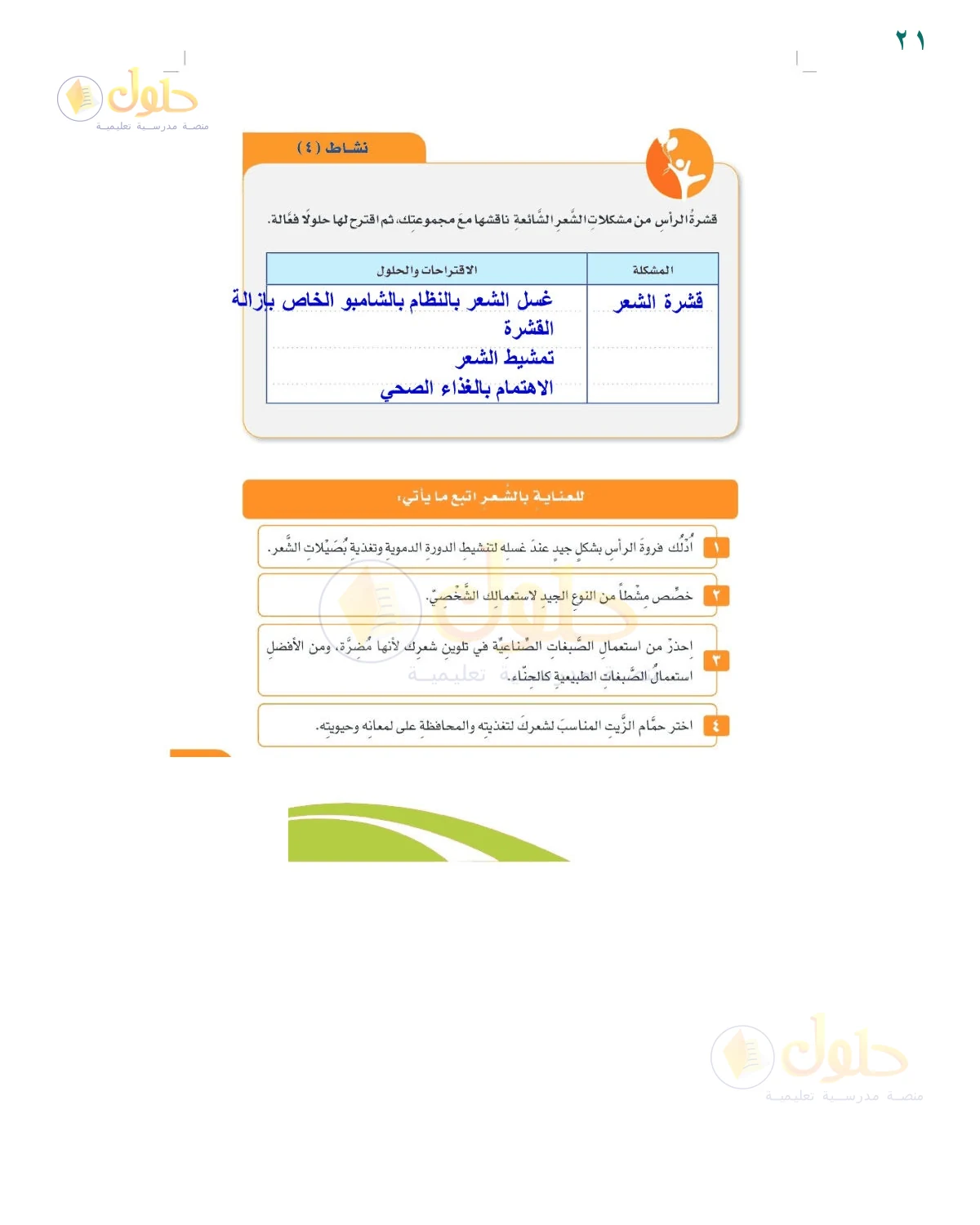 إجابة جدول مشكلات الشعر — صفحة ٢١، حل صفحة 21 للصف السادس