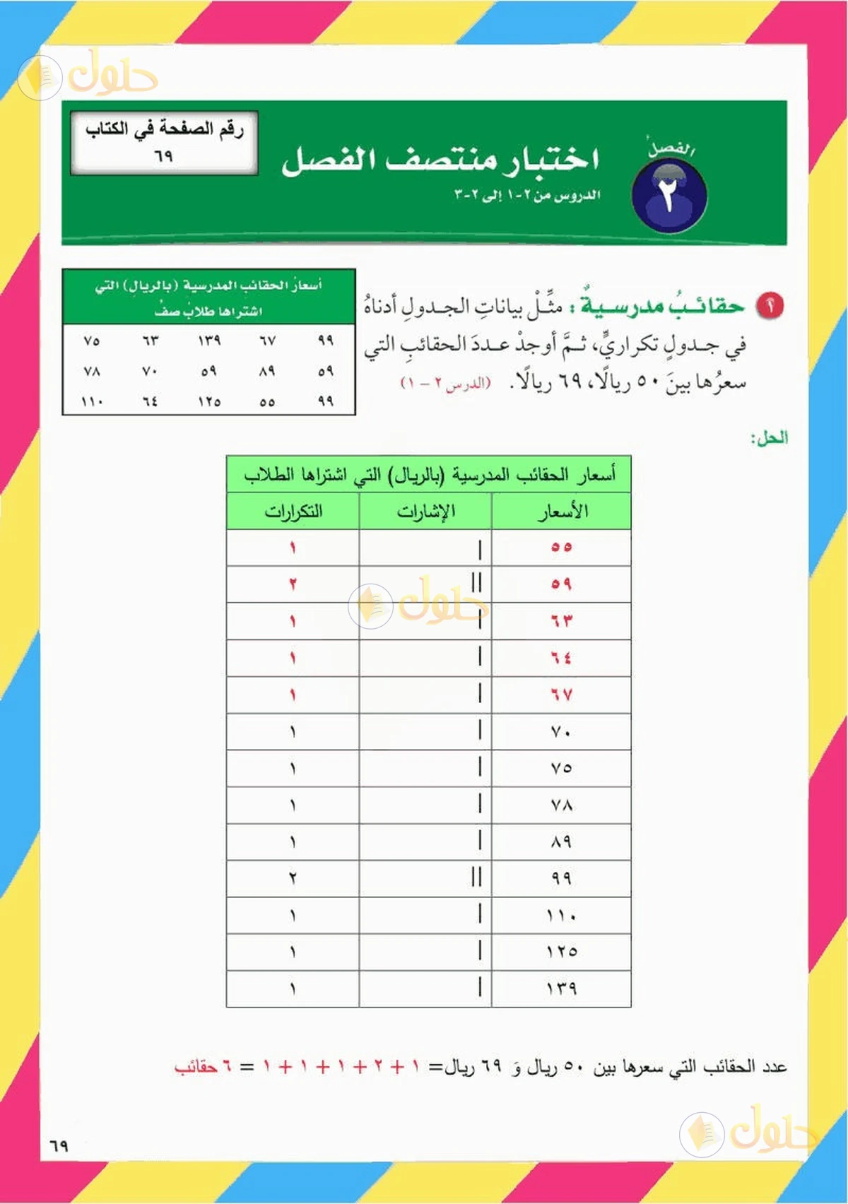 حل رياضيات الصف السادس الابتدائي صفحة 69 الجزء 1