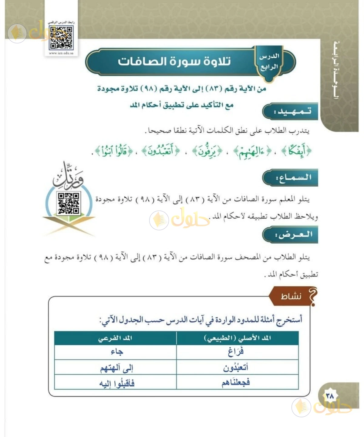 حل القرآن الكريم للصف السادس الابتدائي صفحة 38