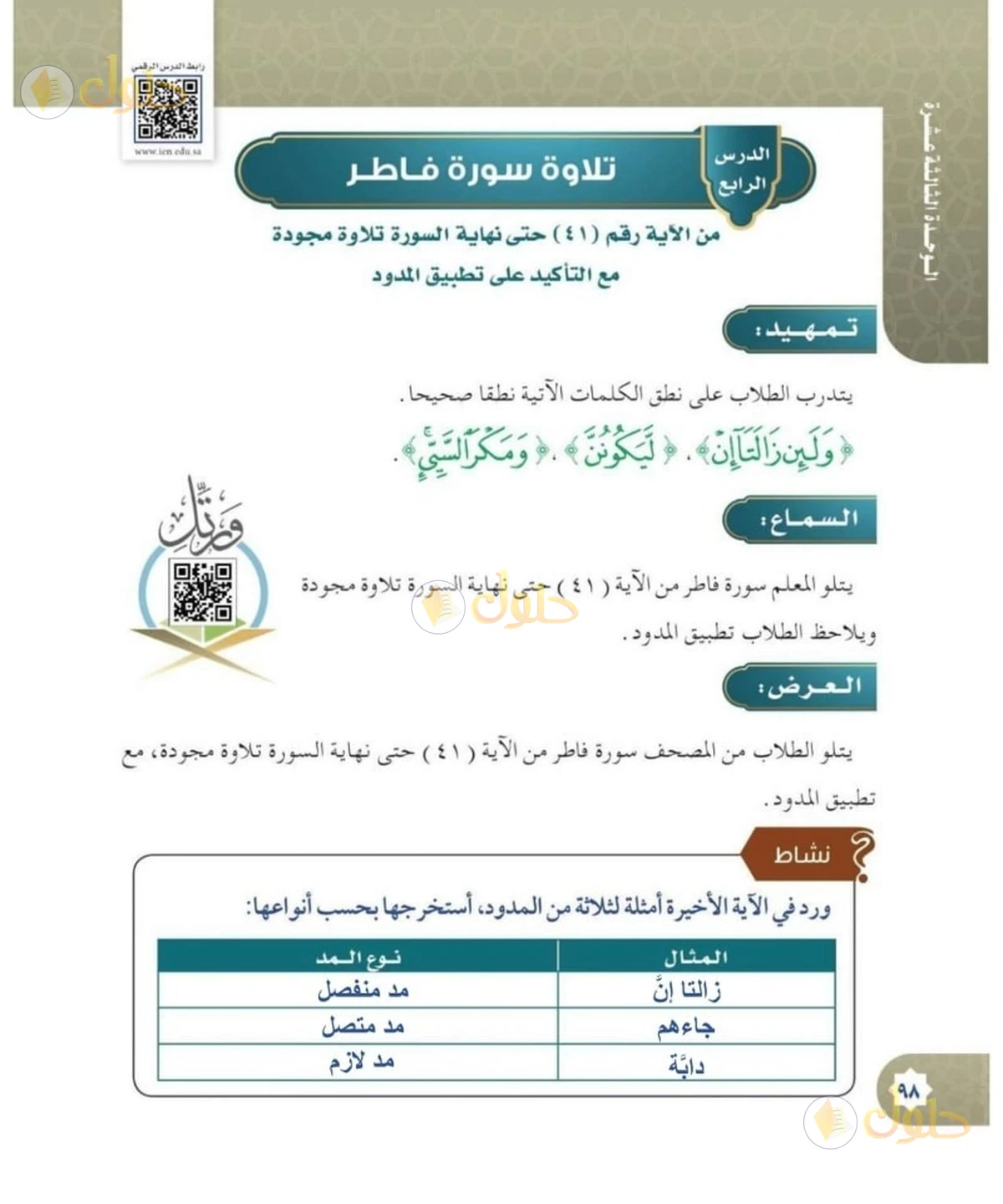 حل القرآن الكريم للصف السادس الابتدائي صفحة 98