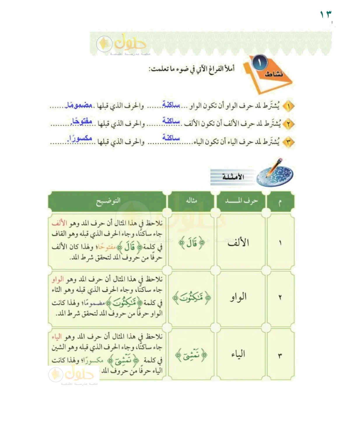 أملأ الفراغ في شروط حروف المد - حل صفحة ١٣ من كتاب التجويد للصف السادس