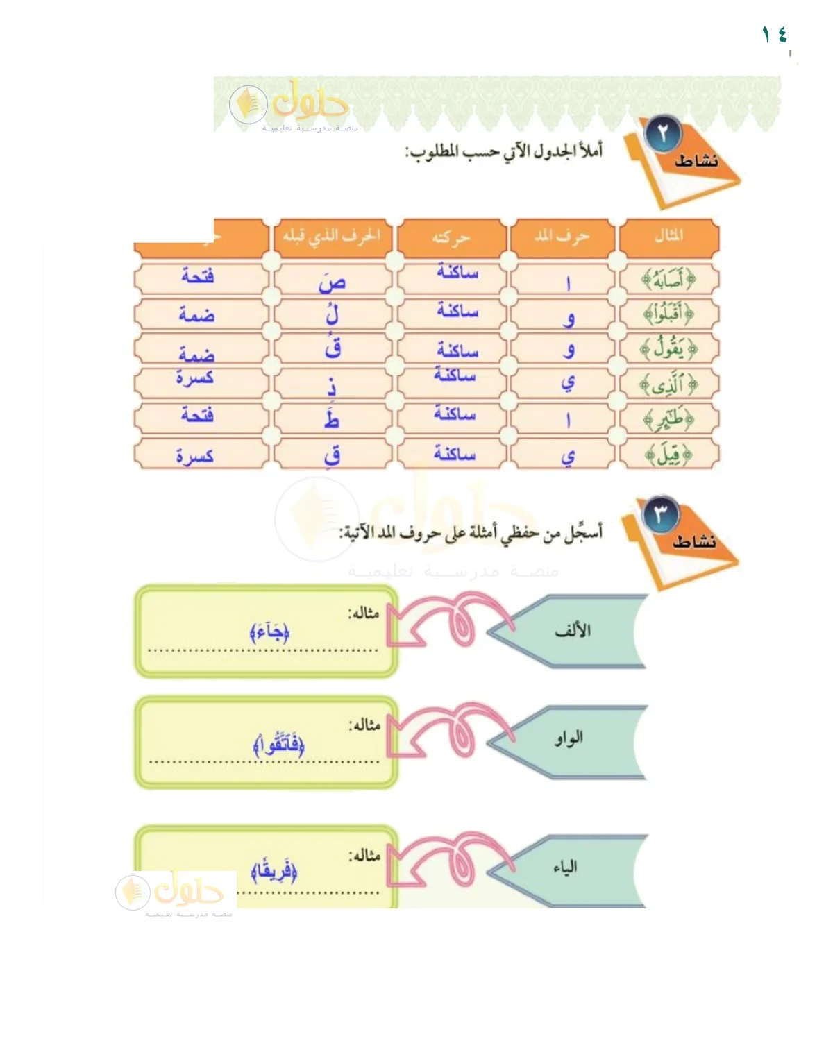 أنشطة حروف المد - حل صفحة ١٤ من كتاب التجويد للصف السادس