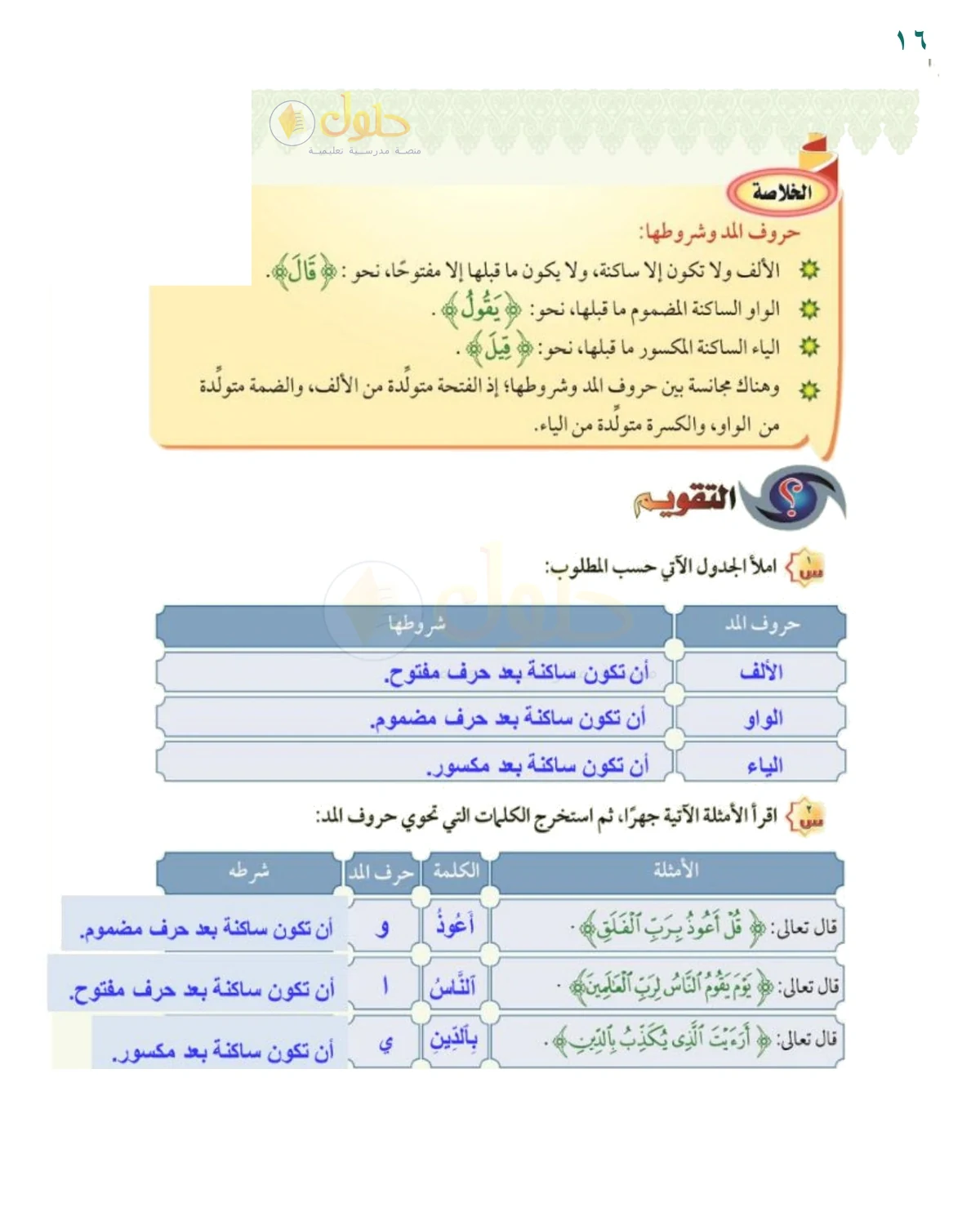 تقويم حروف المد - حل صفحة ١٦ من كتاب التجويد للصف السادس
