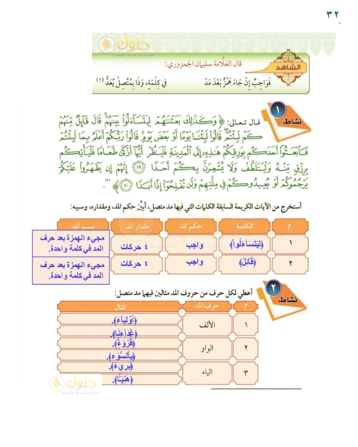 أستخرج المد المتصل وأمثل له - حل صفحة ٣٢ من كتاب التجويد للصف السادس