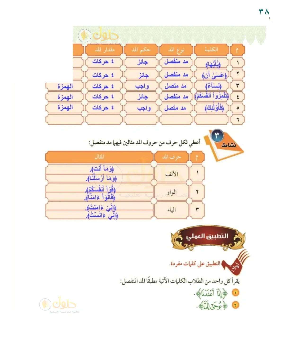 أمثل للمد المنفصل - حل صفحة ٣٨ من كتاب التجويد للصف السادس