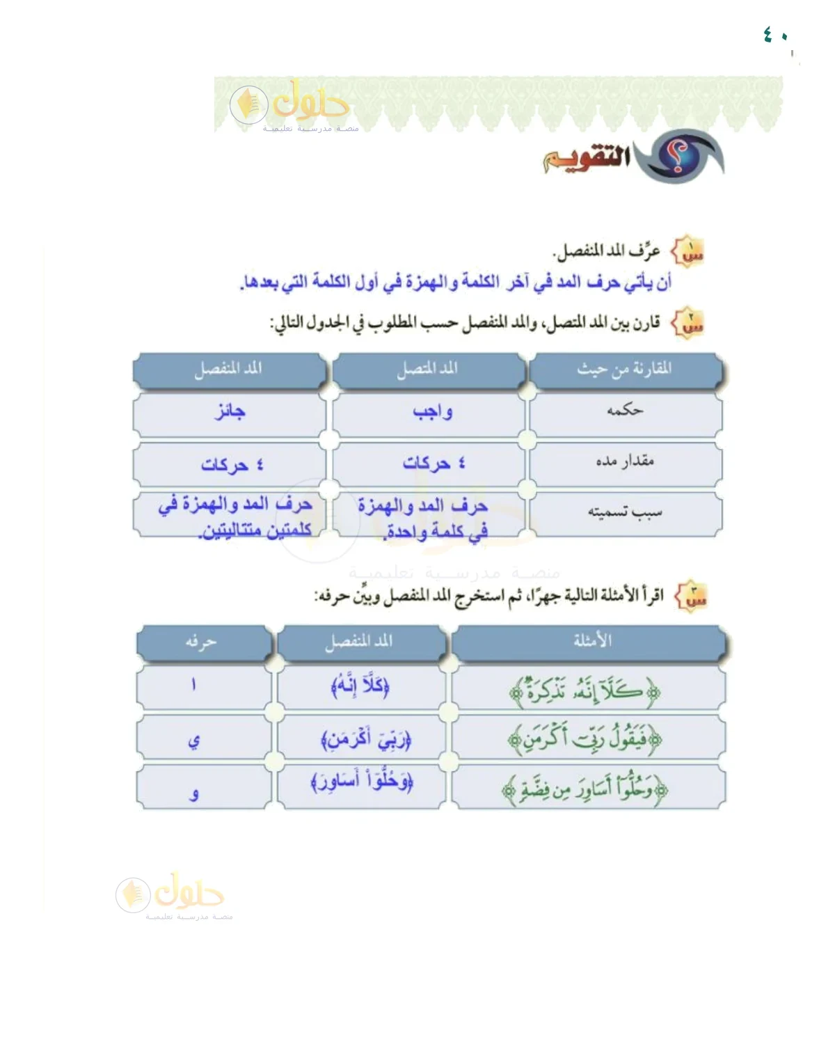 تقويم المد المنفصل - حل صفحة ٤٠ من كتاب التجويد للصف السادس