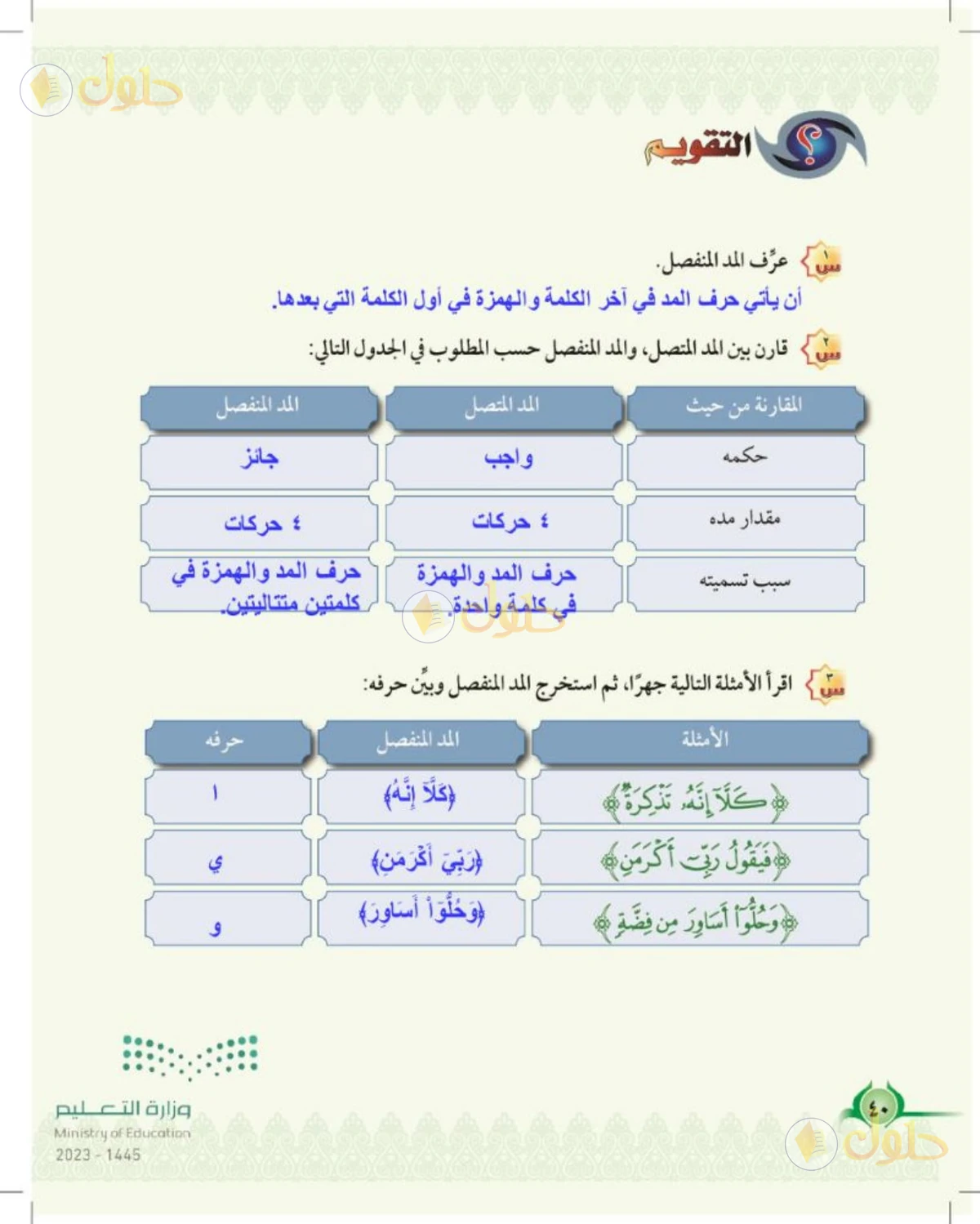 حل التجويد للصف السادس الابتدائي صفحة 40