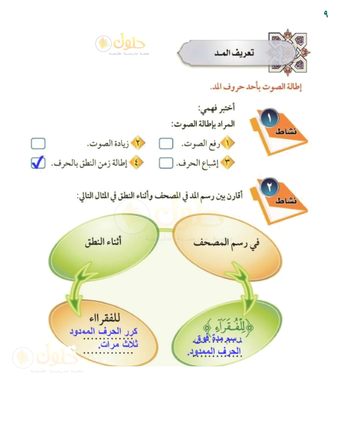حل نشاط معنى المد وعلامته في صفحة 9 من كتاب التجويد للصف السادس
