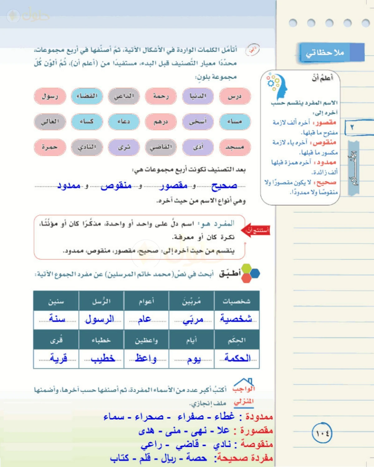 حل لغتي الخالدة للصف الأول المتوسط صفحة 104