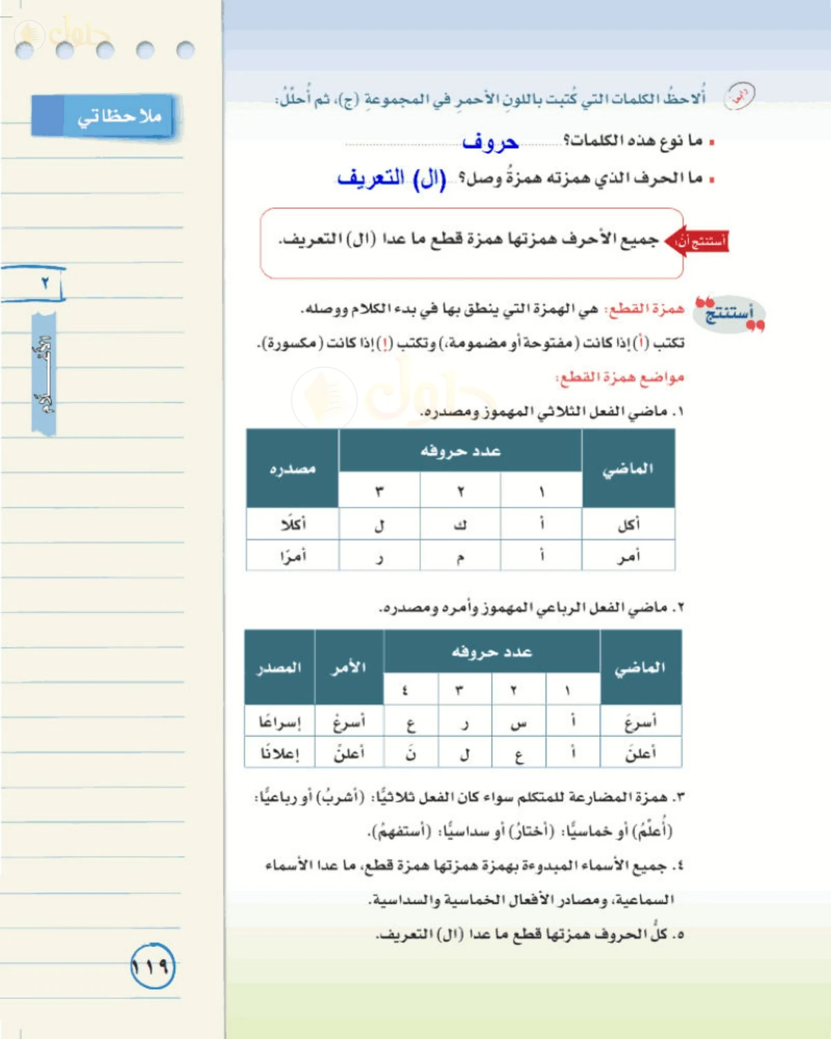 حل لغتي الخالدة للصف الأول المتوسط صفحة 119