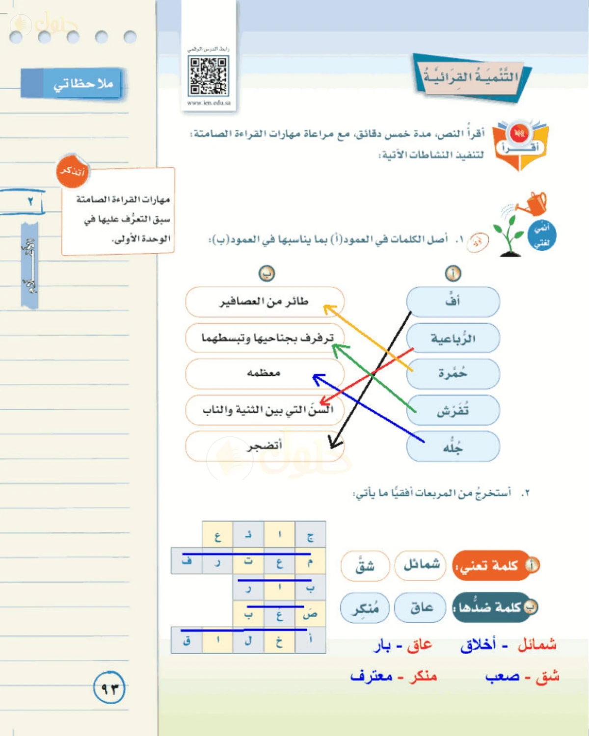 حل لغتي الخالدة للصف الأول المتوسط صفحة 93