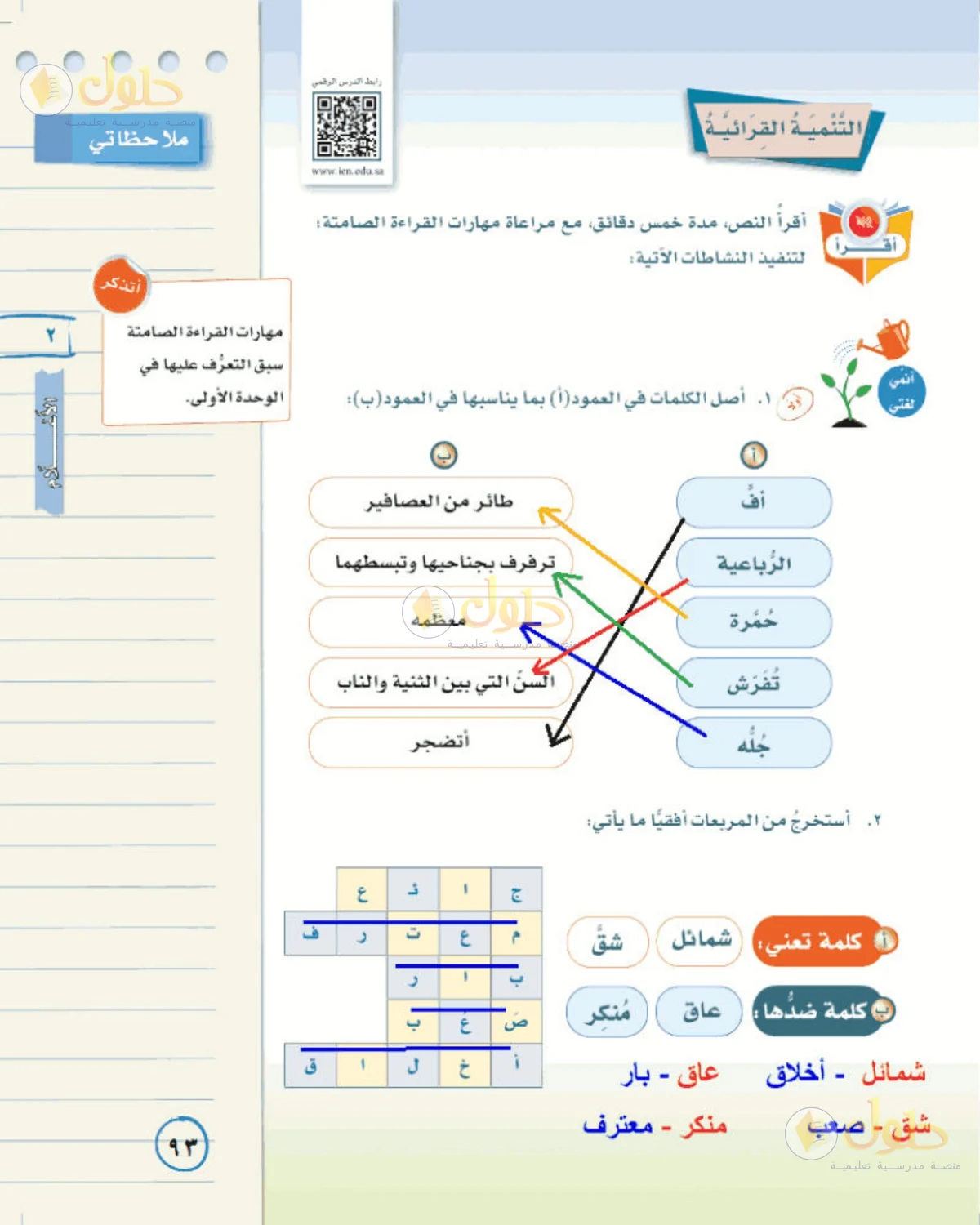حل لغتي الخالدة للصف الأول المتوسط صفحة 93