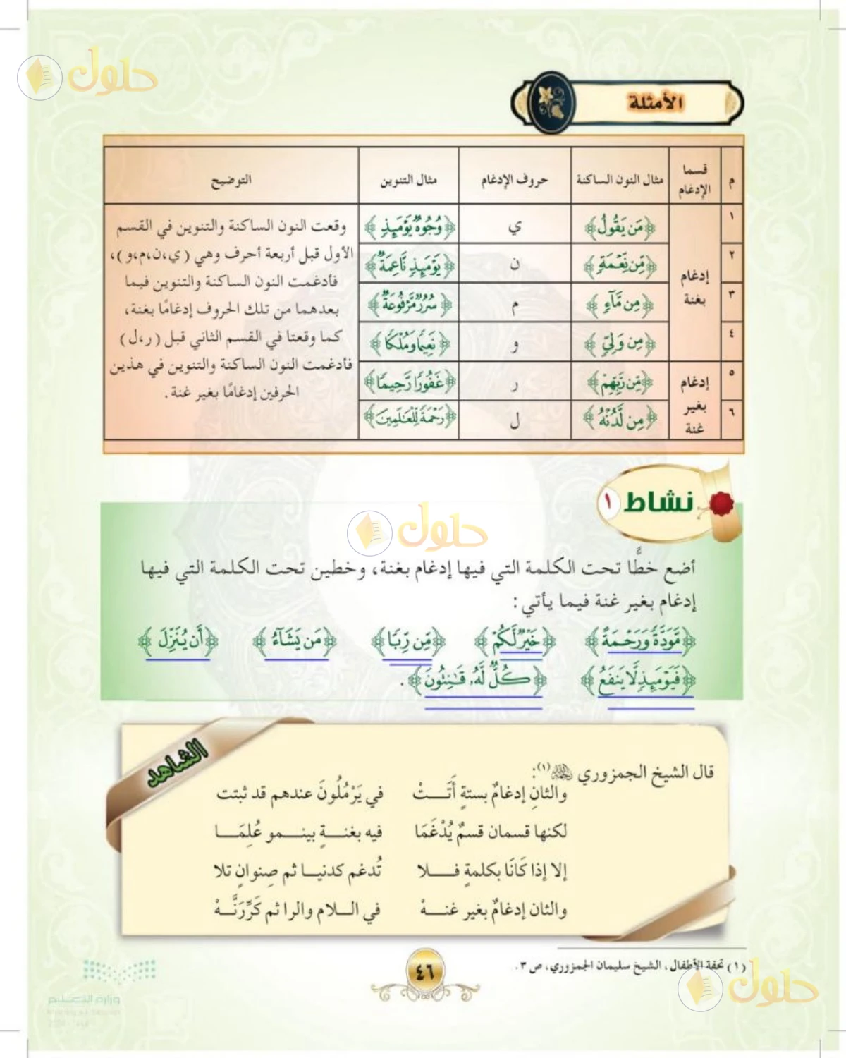 حل التجويد الصف الأول المتوسط صفحة 46