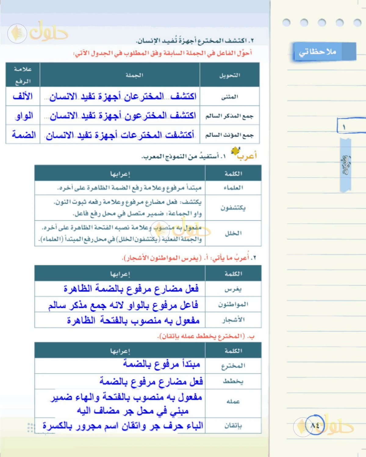 حل لغتي الخالدة للصف الثاني المتوسط صفحة 84
