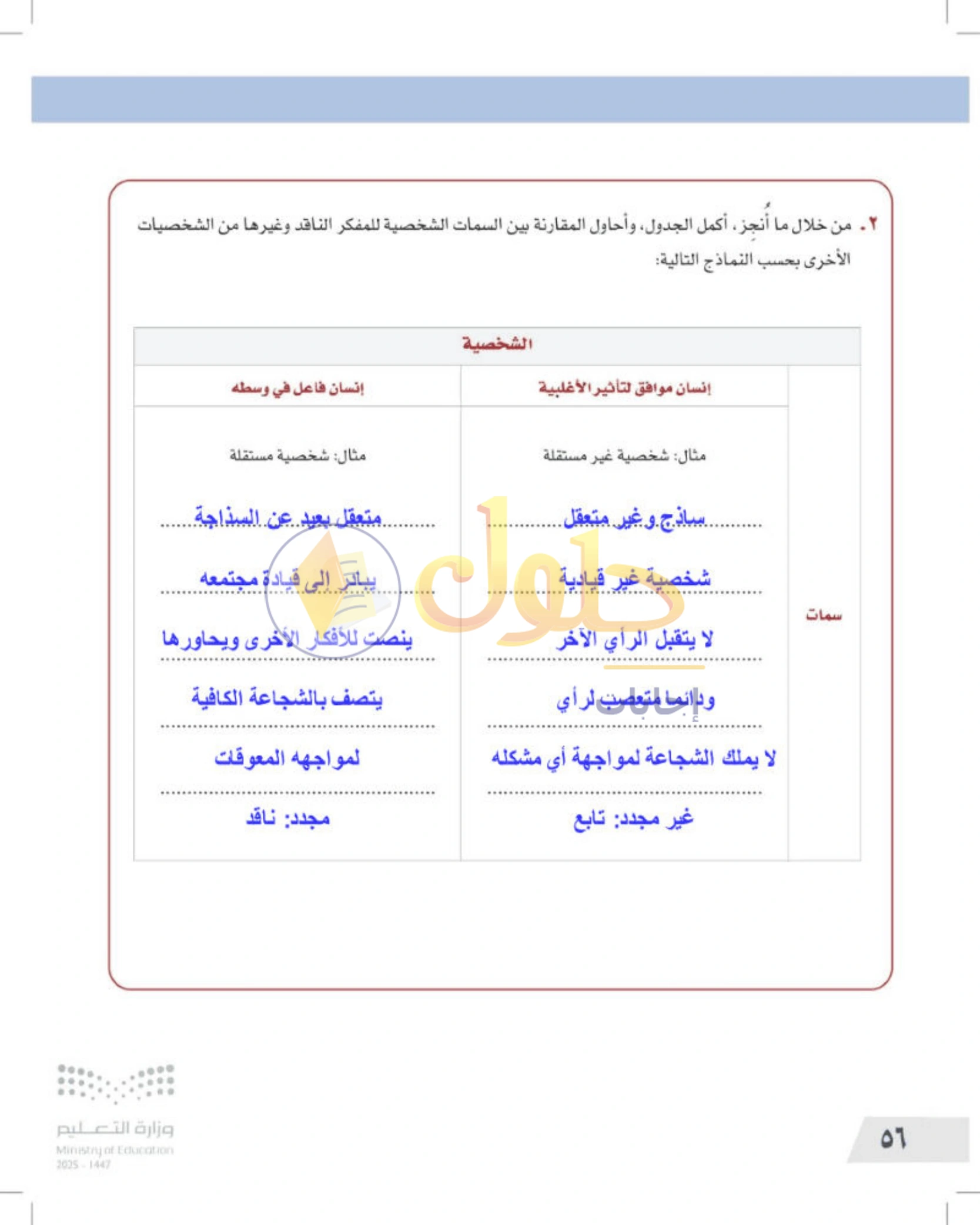 شرح وأنشطة درس صفات المفكر الناقد — صفحة ٥٦