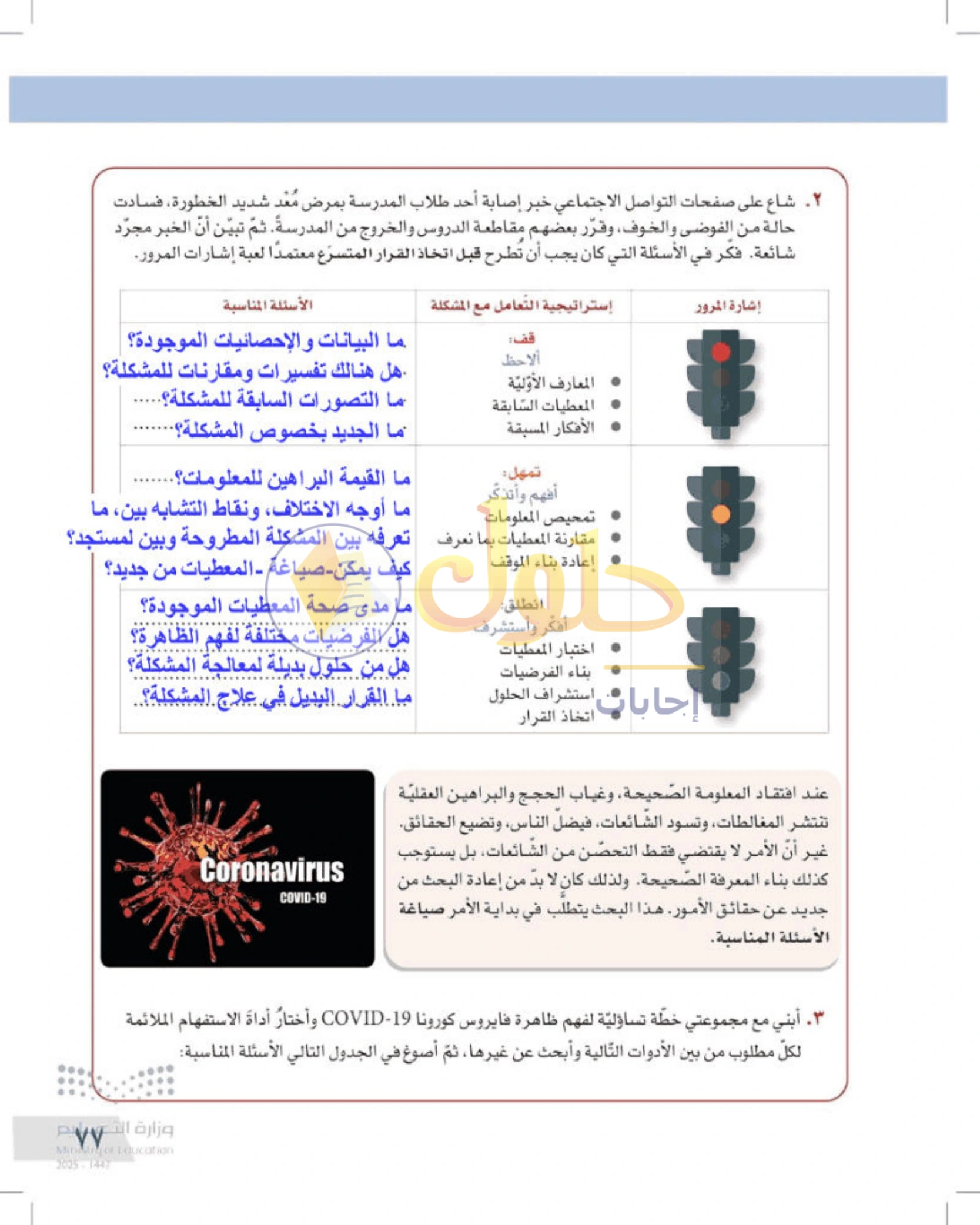 شرح وأنشطة درس التفكير الناقد وطرح الأسئلة — صفحة ٧٧