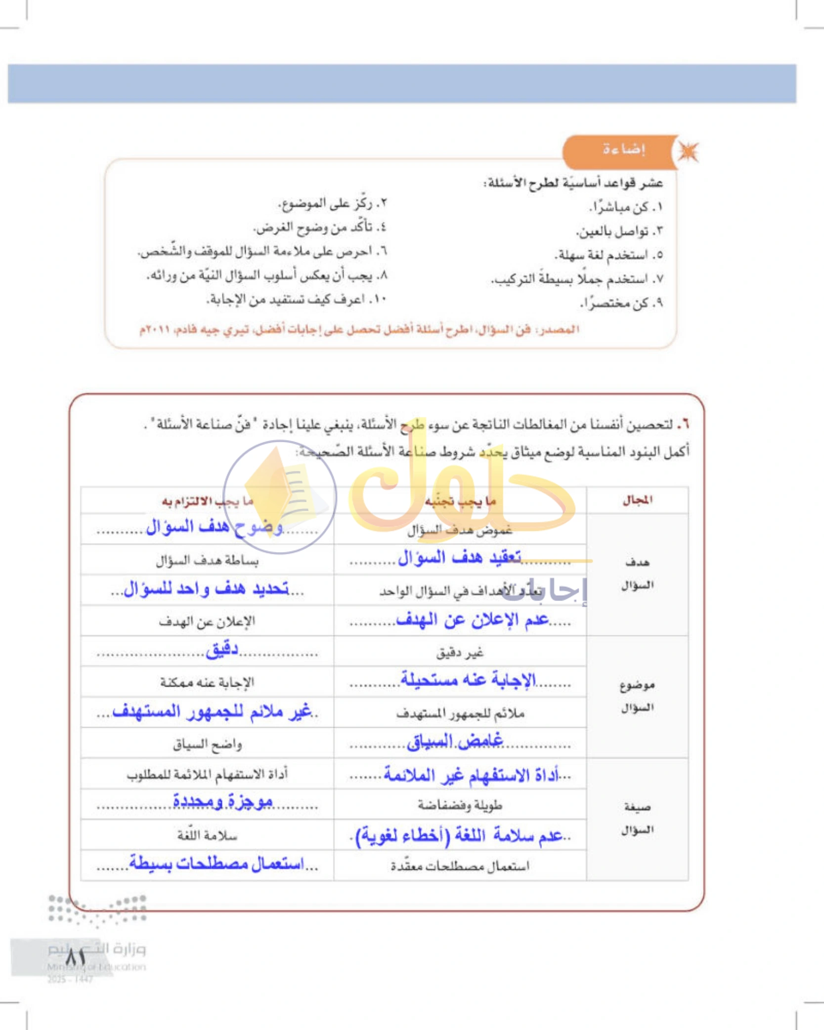 شرح وأنشطة درس التفكير الناقد وطرح الأسئلة — صفحة ٨١