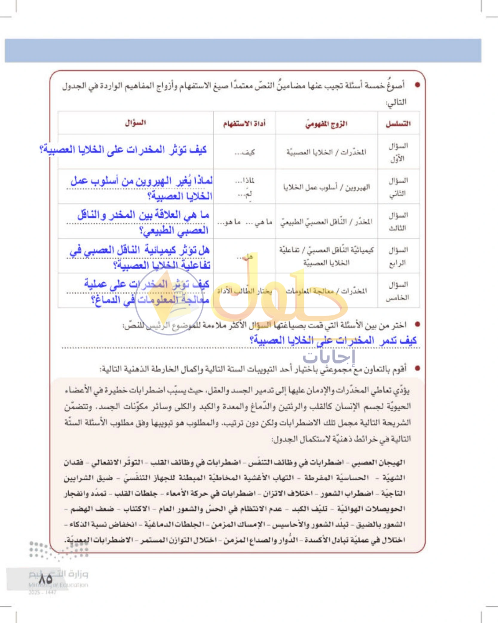 شرح وأنشطة درس التفكير الناقد وطرح الأسئلة — صفحة ٨٥