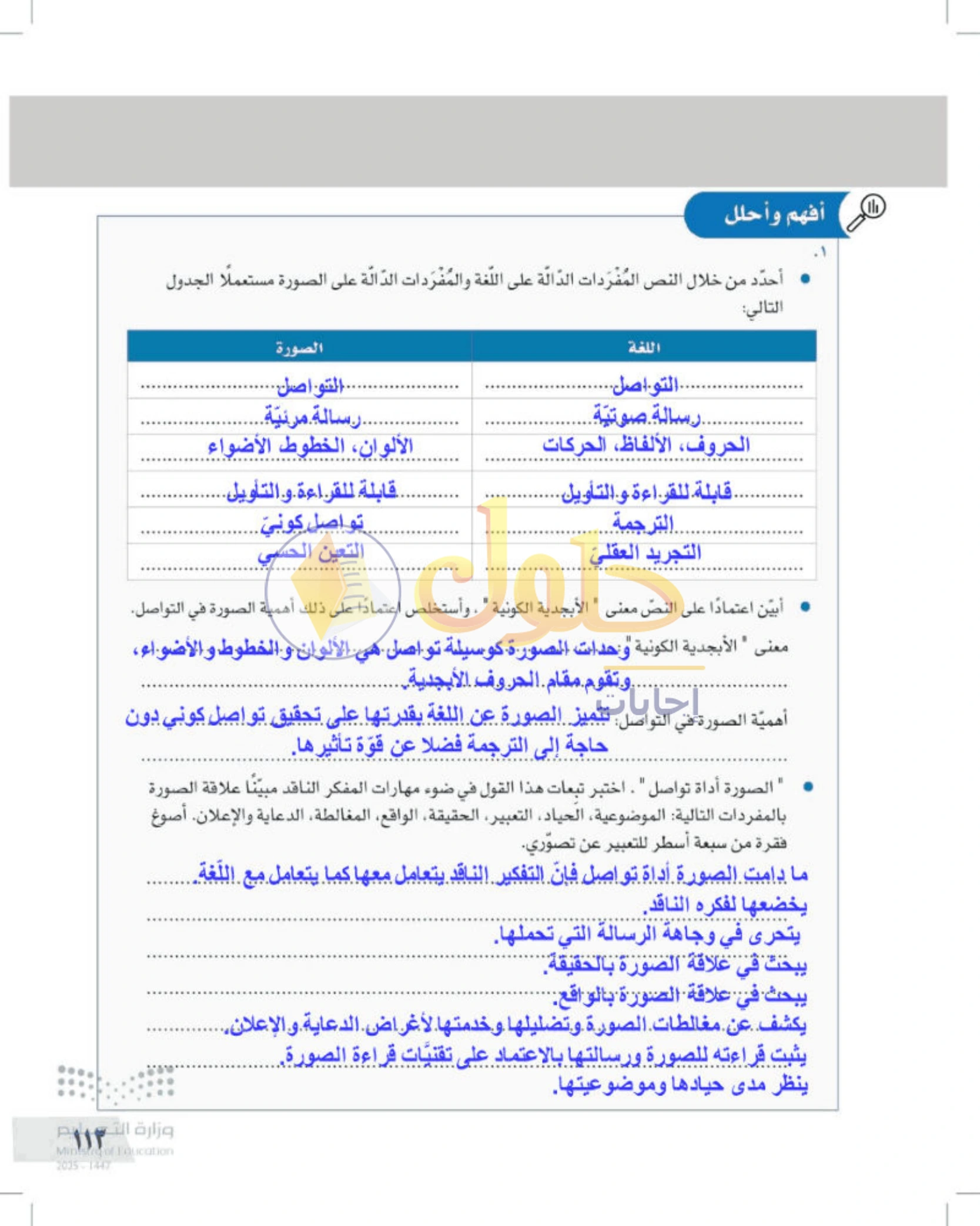 شرح وأنشطة درس التفكير الناقد والصورة — صفحة ١١٣