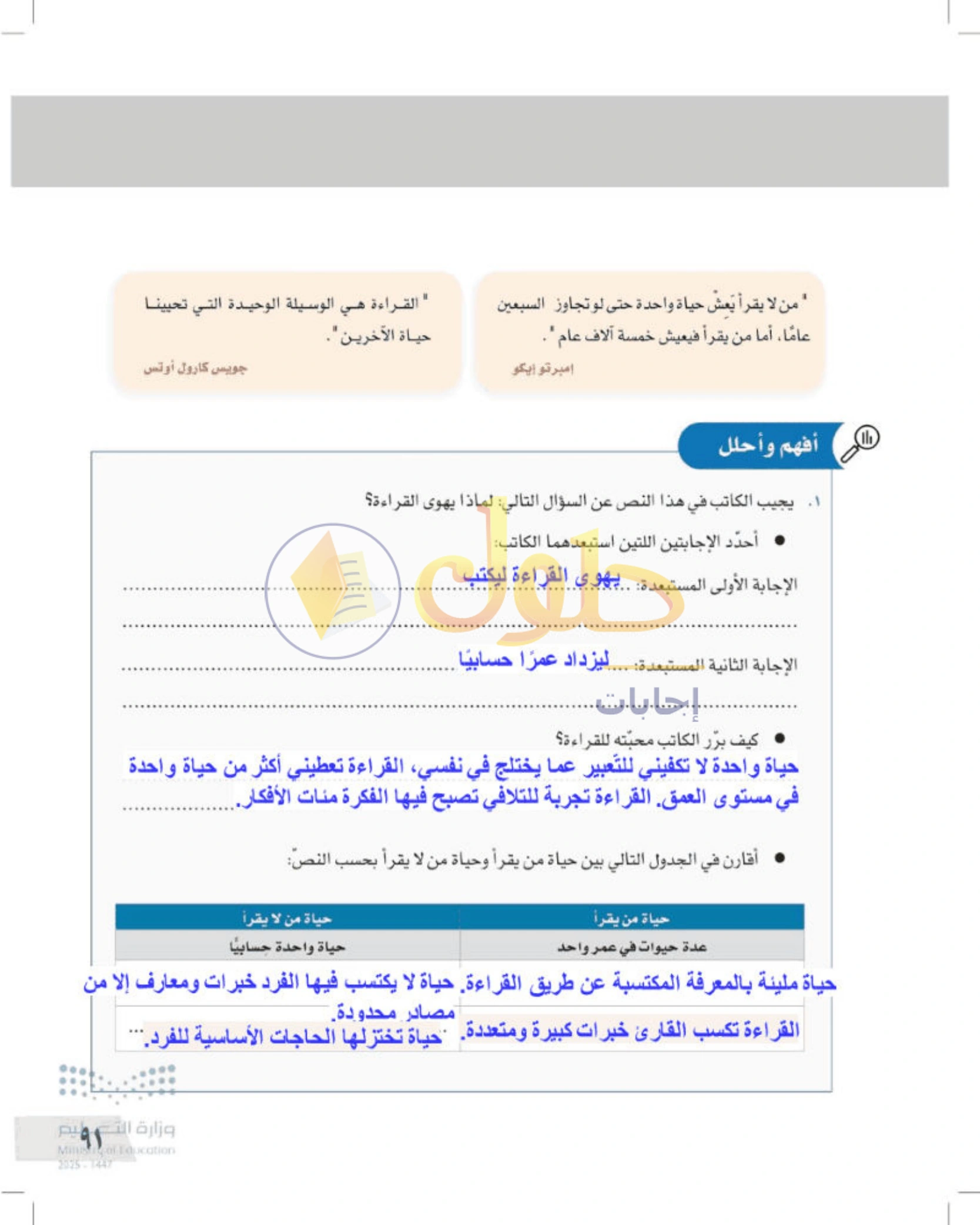 شرح وأنشطة درس التفكير الناقد ومهارات القراءة — صفحة ٩١
