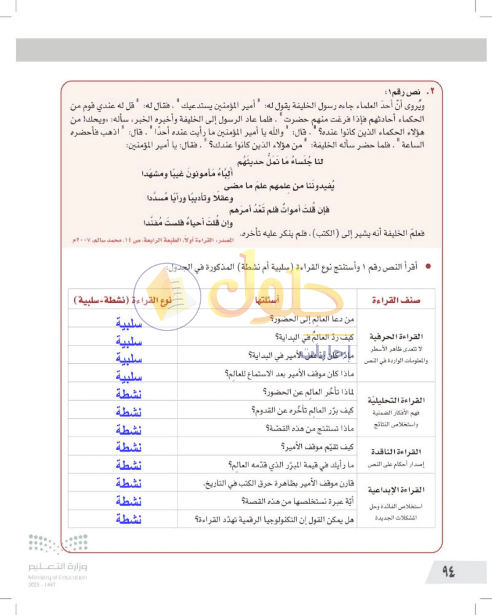 شرح وأنشطة درس التفكير الناقد ومهارات القراءة — صفحة ٩٤