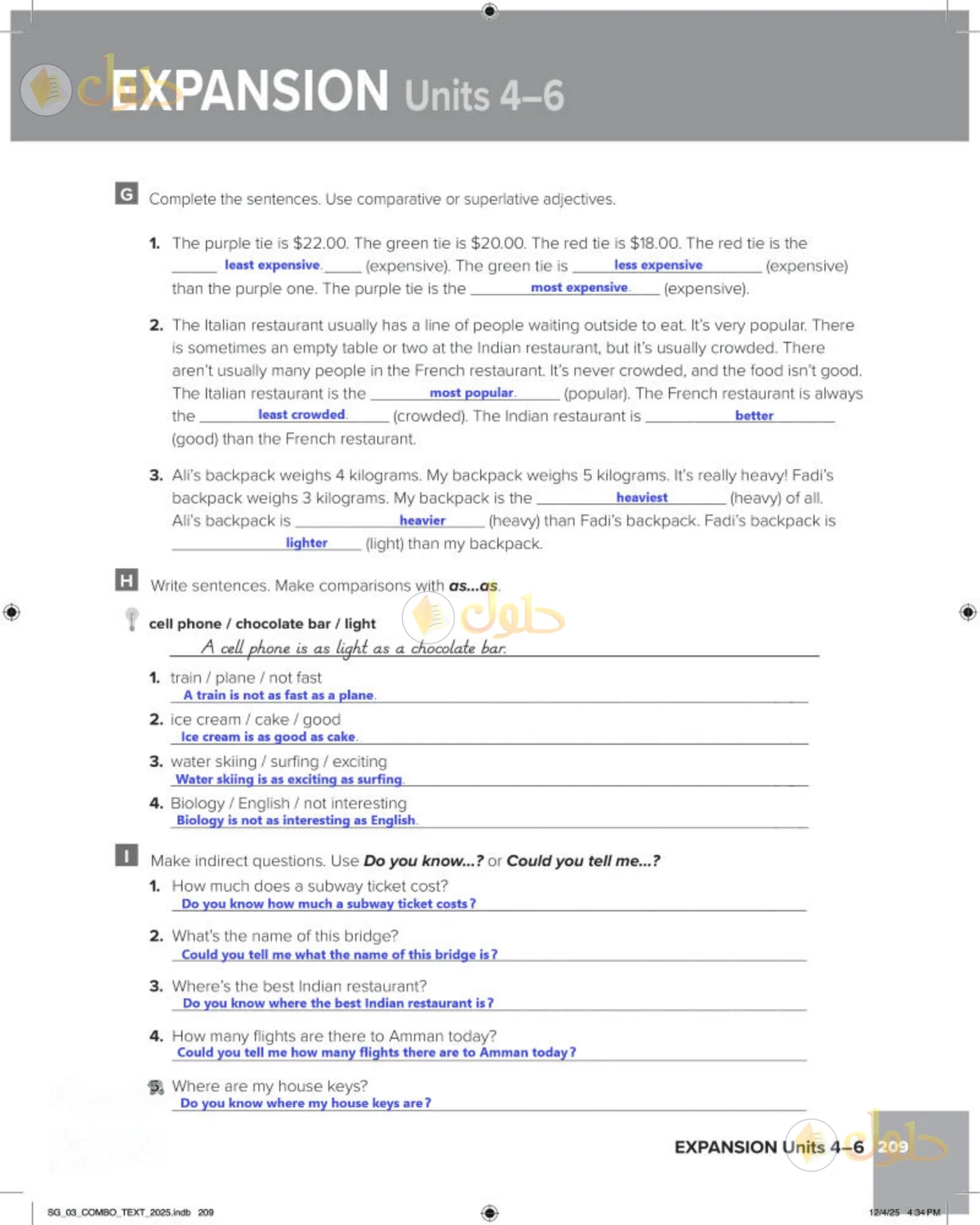 حل الإنجليزي للصف الثالث المتوسط صفحة 209 الجزء 1