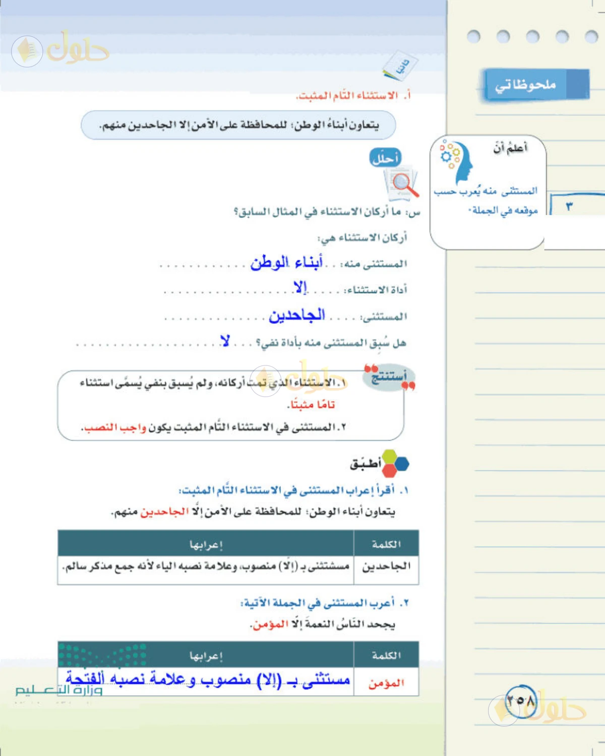 حل لغتي الخالدة للصف الثالث المتوسط صفحة 258 الجزء 1