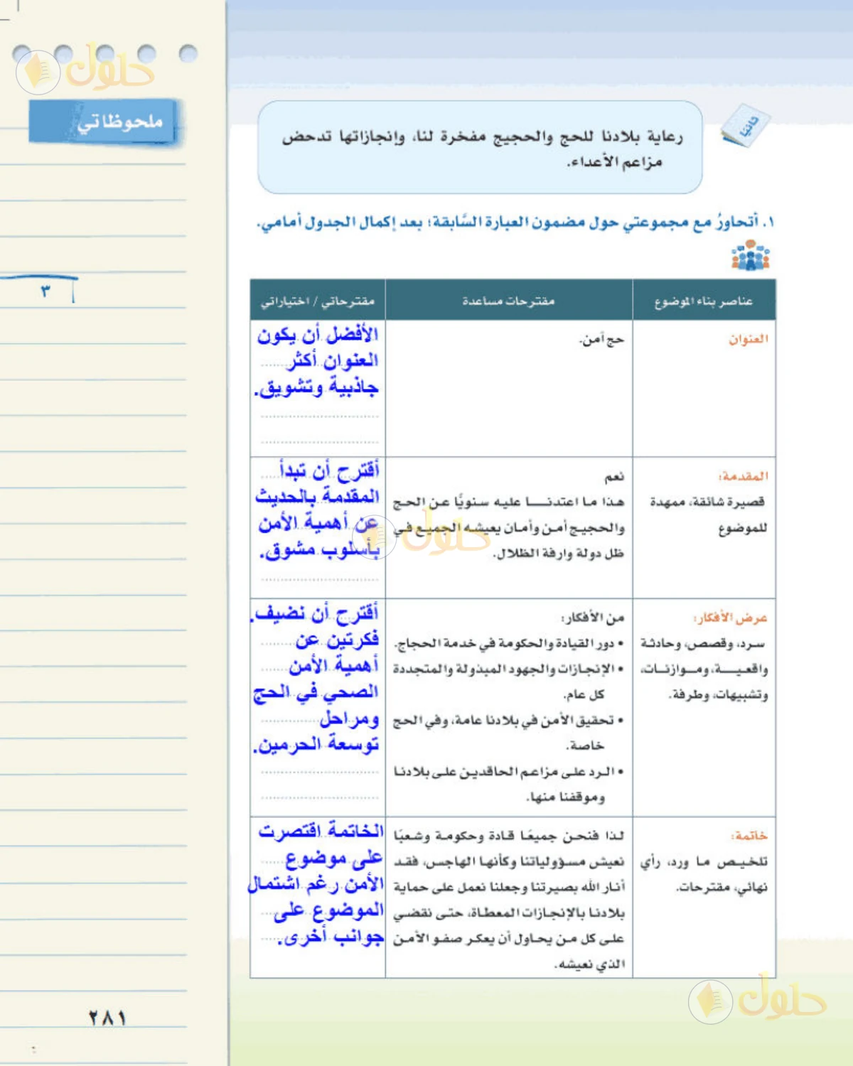 حل لغتي الخالدة للصف الثالث المتوسط صفحة 281 الجزء 1