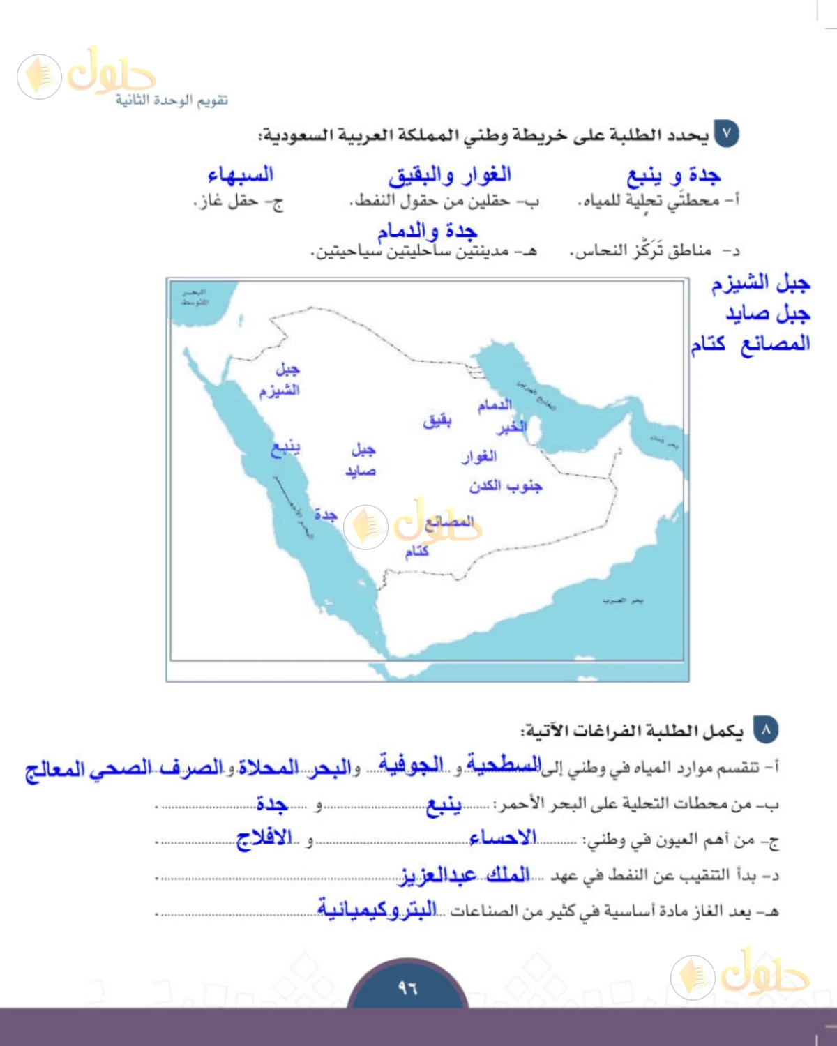 حل الدراسات الاجتماعية للصف الثالث المتوسط صفحة 96