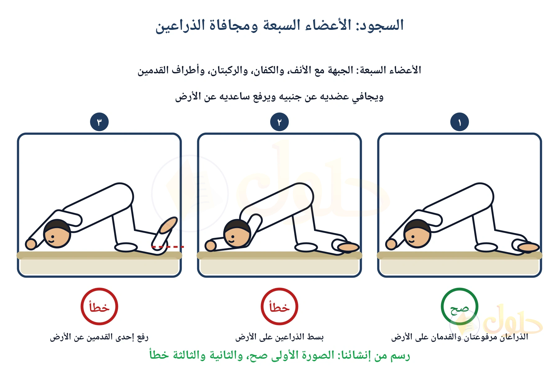 ثلاث لوحات لطفل ساجد مع بيان الأعضاء السبعة، في الأولى الذراعان مرفوعتان والقدمان على الأرض وتحتها علامة صح، وفي الثانية بسط الذراعين وفي الثالثة رفع إحدى القدمين وتحتهما علامة خطأ
