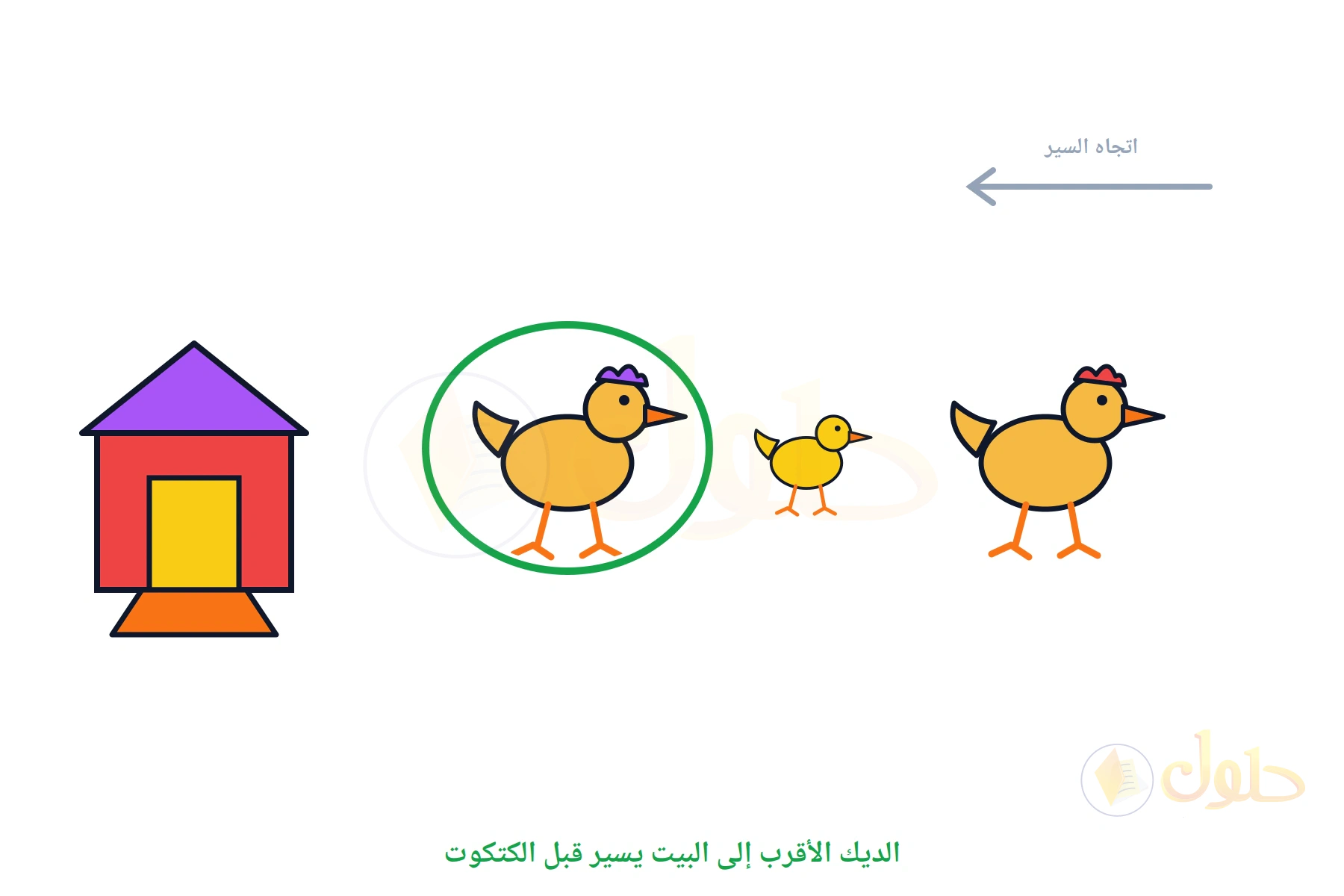 بيت دجاج وثلاثة طيور تسير نحوه، والديك الأقرب إلى البيت محوط