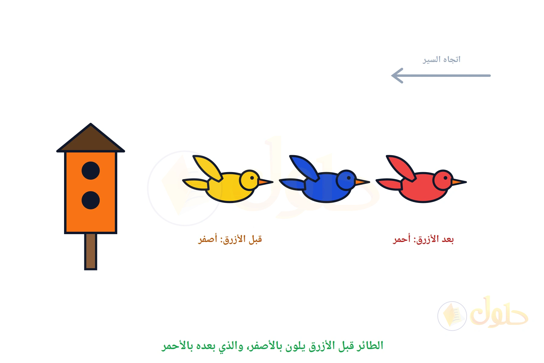 ثلاثة طيور تطير نحو بيت الطيور، الذي قبل الأزرق أصفر والذي بعده أحمر