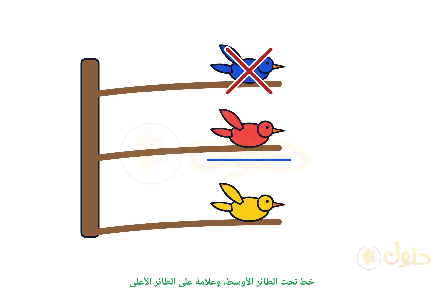 ثلاثة طيور على أغصان، خط تحت الأحمر الأوسط وعلامة على الأزرق الأعلى