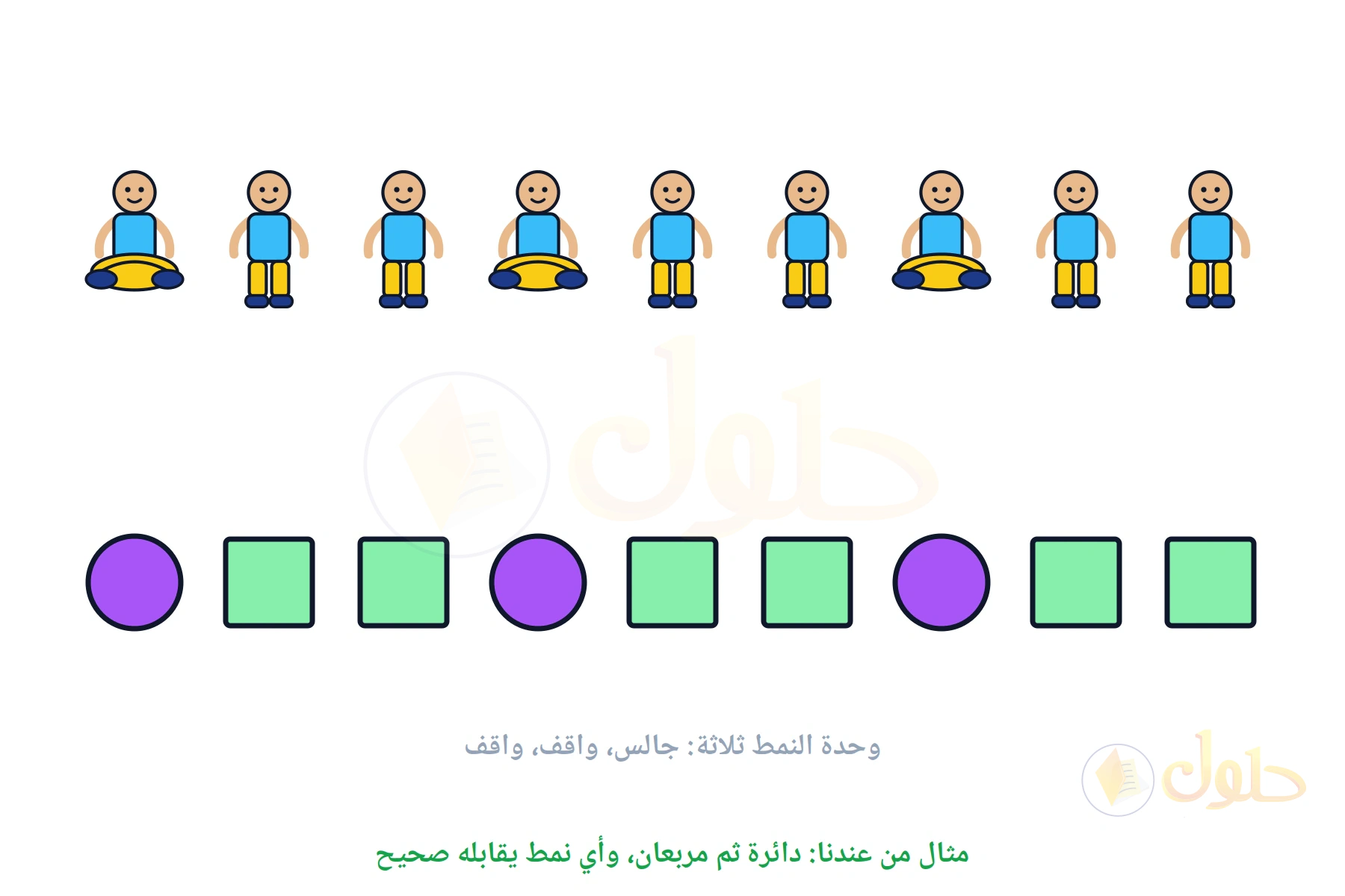 تسعة أولاد على نمط جالس وواقفين وصف من دوائر ومربعات يقابله