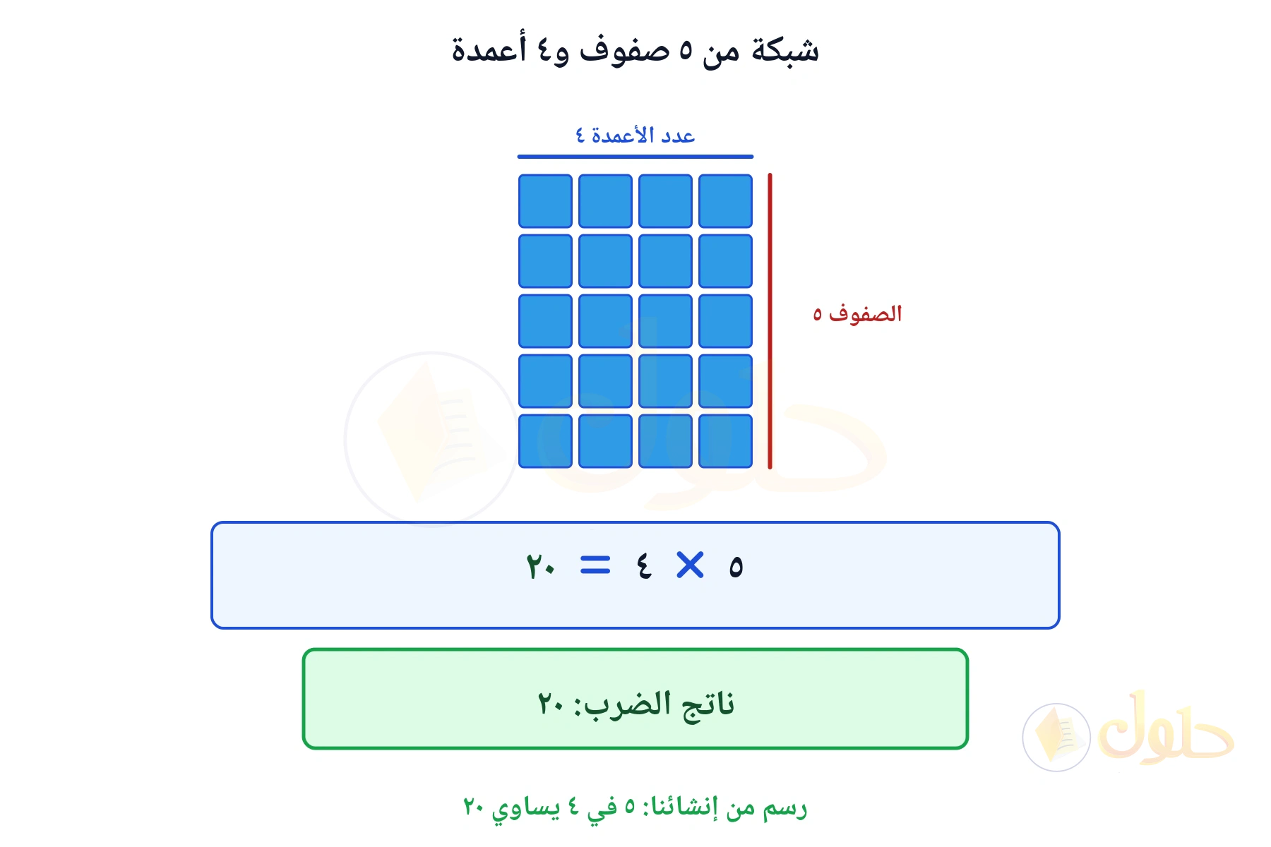 شبكة تبين أن ٥ في ٤ يساوي ٢٠