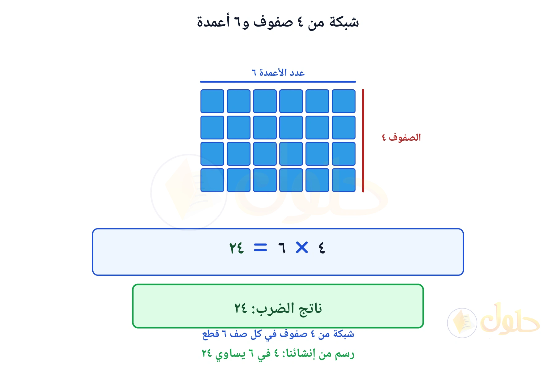 شبكة تبين أن ٤ في ٦ يساوي ٢٤