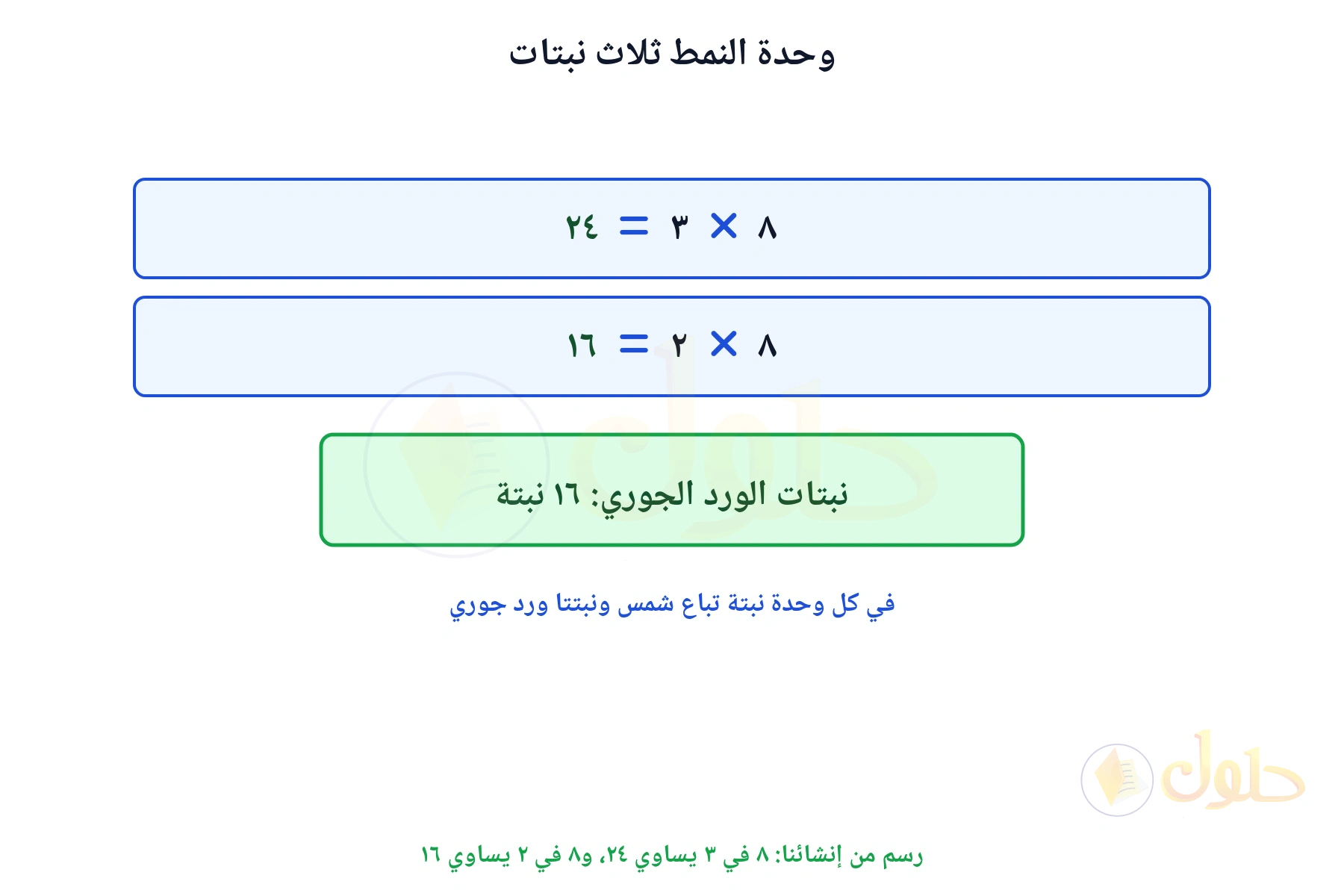 خطوتا الحل تبينان أن وحدات النمط ٨ وأن نبتات الورد ١٦