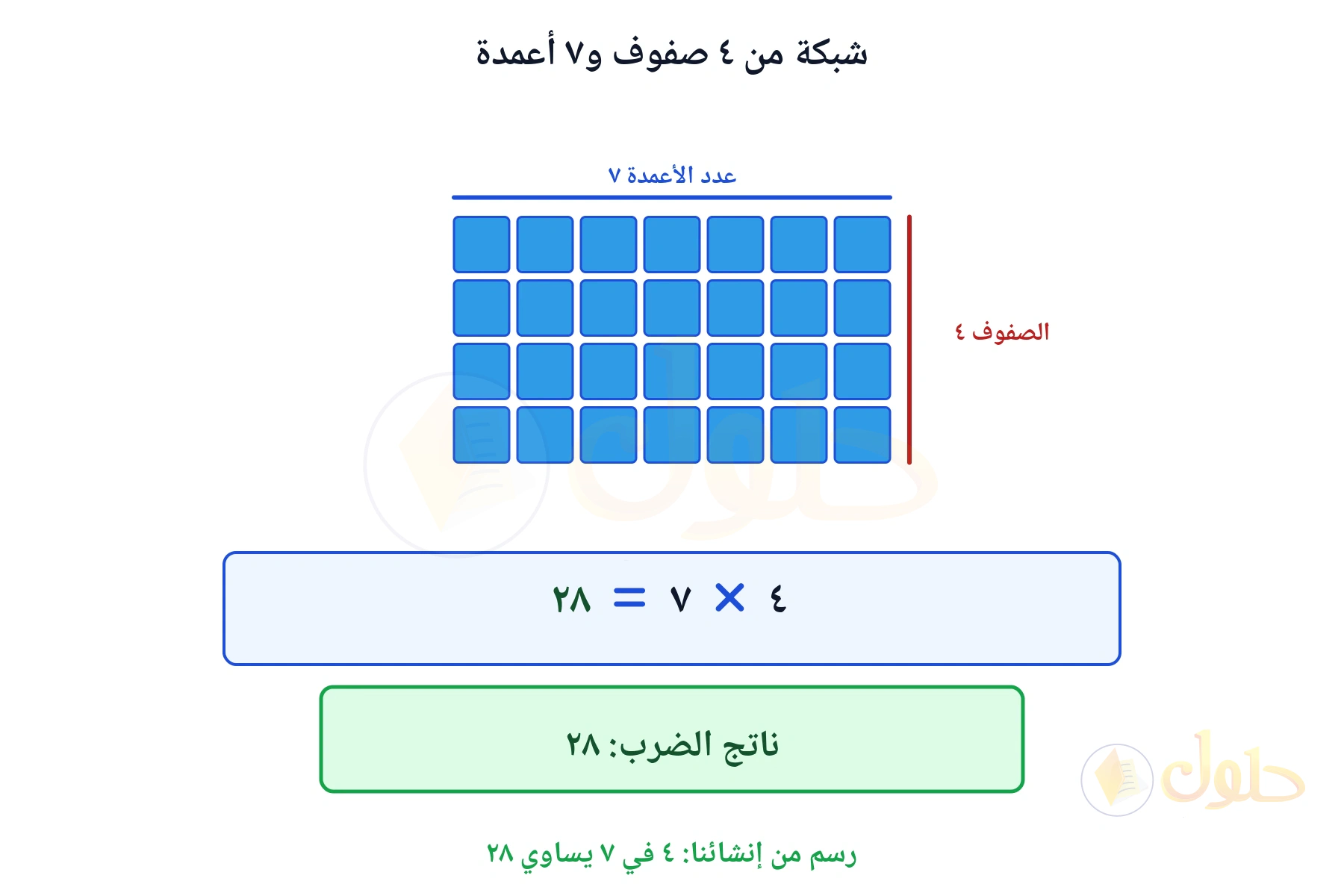 شبكة تبين أن ٤ في ٧ يساوي ٢٨
