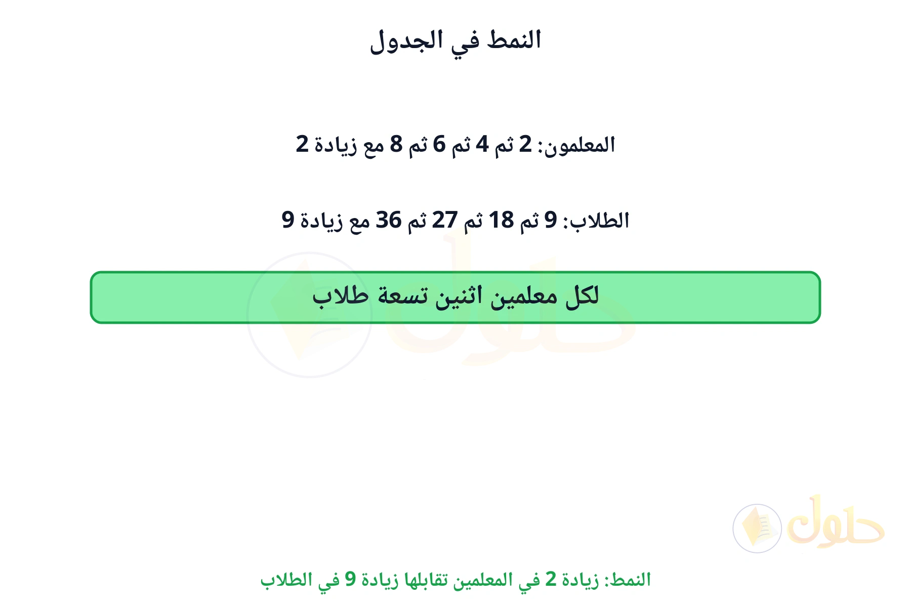 النمط: زيادة 2 في المعلمين تقابلها زيادة 9 في الطلاب