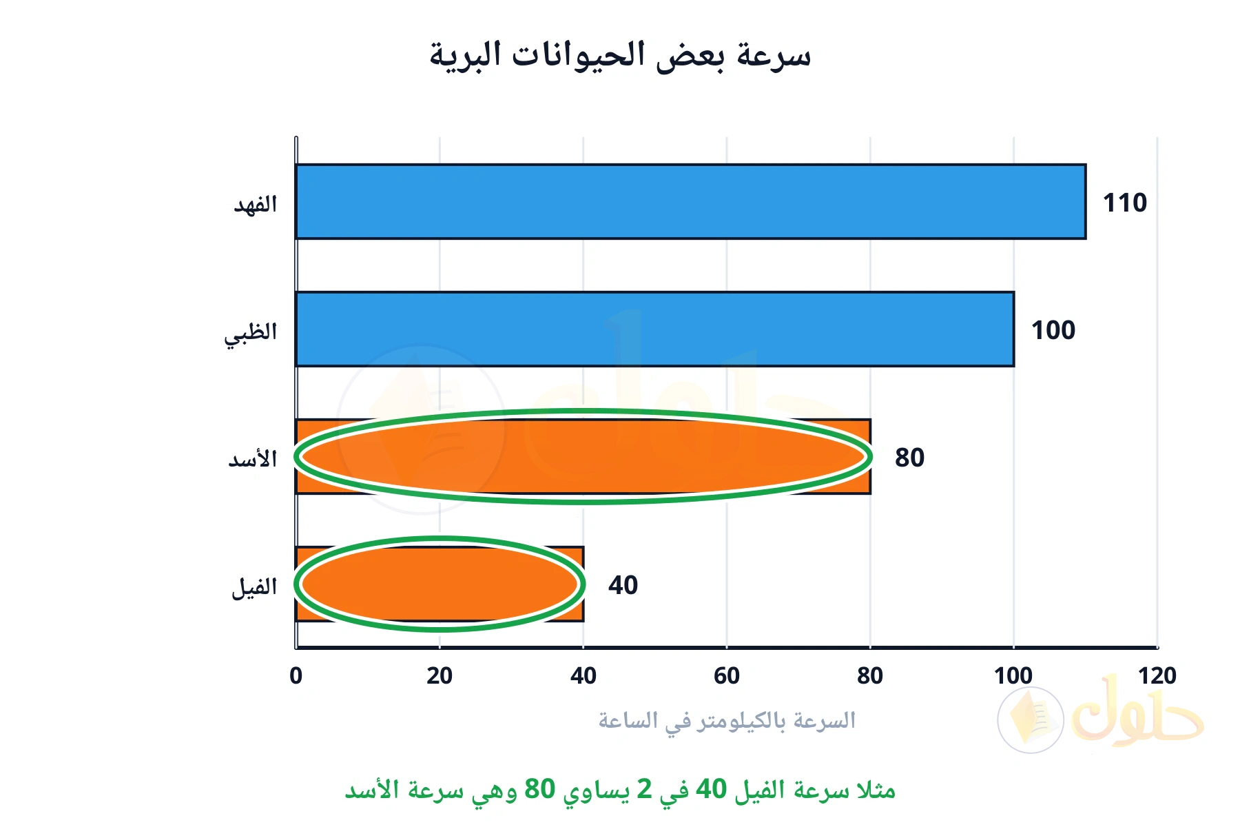 مثلا سرعة الفيل 40 في 2 يساوي 80 وهي سرعة الأسد
