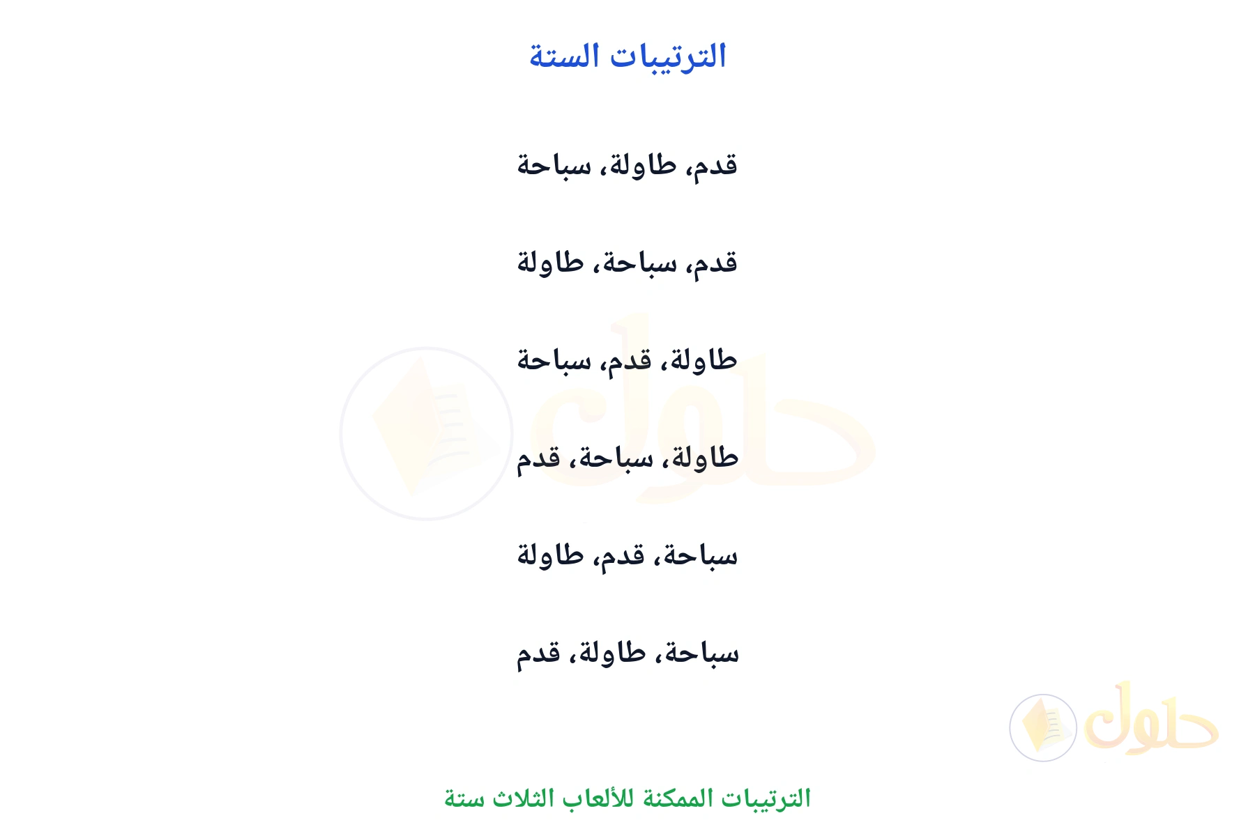 قائمة منظمة فيها ستة ترتيبات للألعاب الثلاث