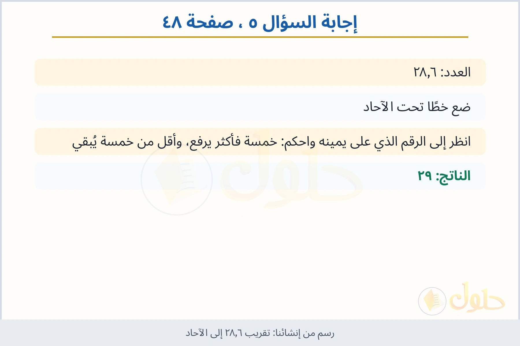 حل السؤال ٥ صفحة ٤٨ — تقريب ٢٨٫٦ إلى الآحاد