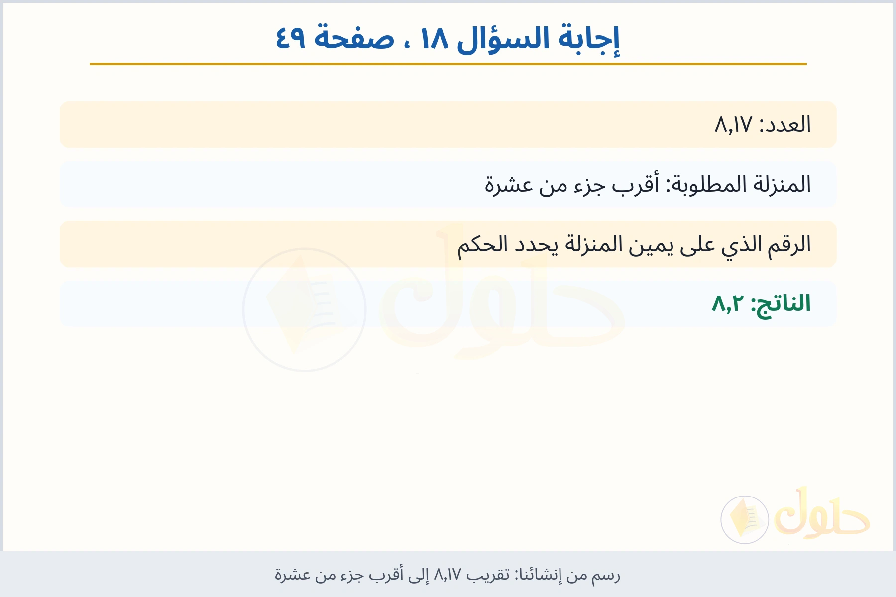 حل السؤال ١٨ صفحة ٤٩ — تقريب ٨٫١٧ إلى أقرب جزء من عشرة